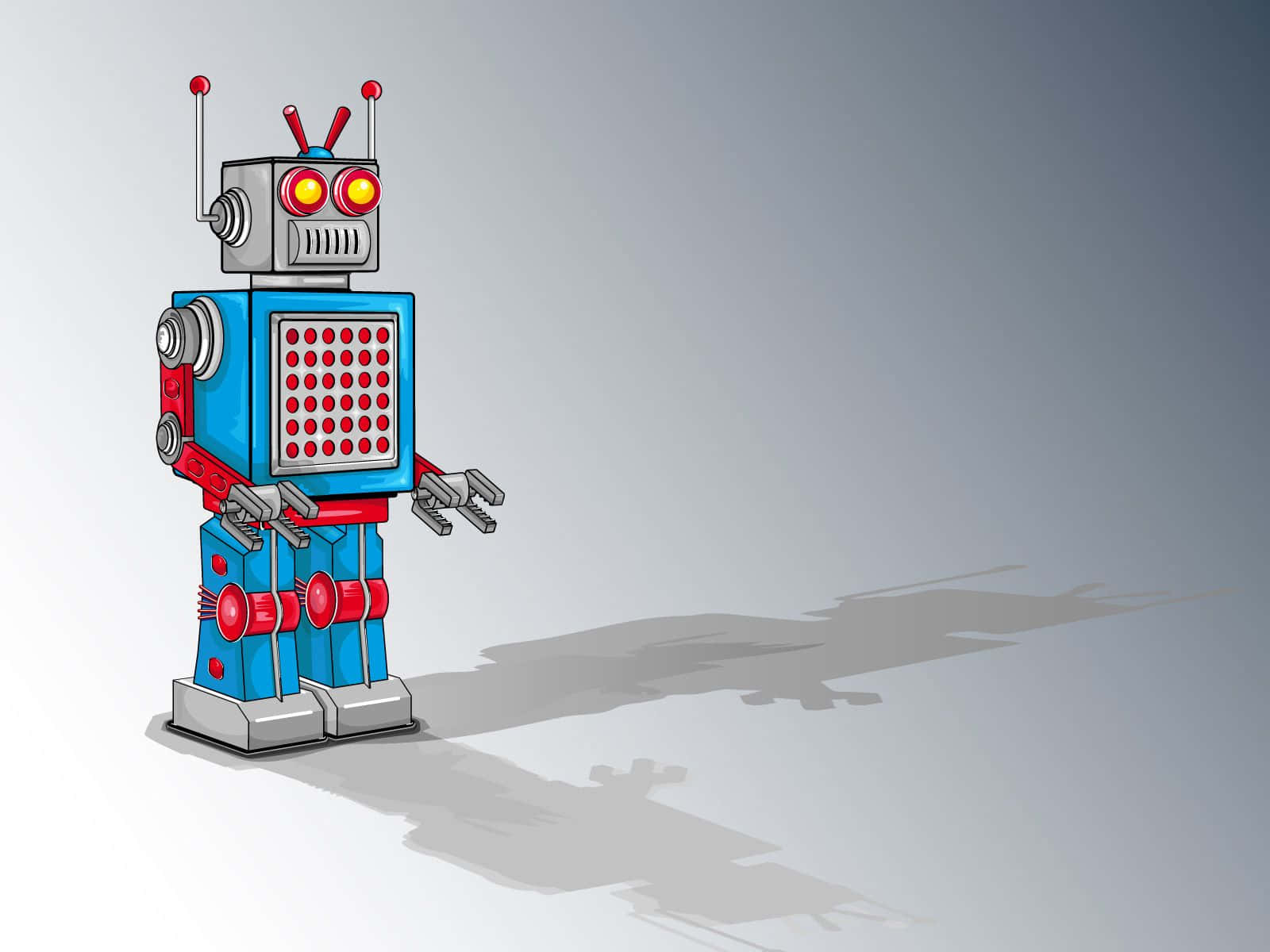 Cartoon Robot 桌布 壁紙 — 一個復古風格的藍色和紅色機械人，帶有發光的橙色眼睛，站在漸變灰色背景前，投射出清晰的陰影。