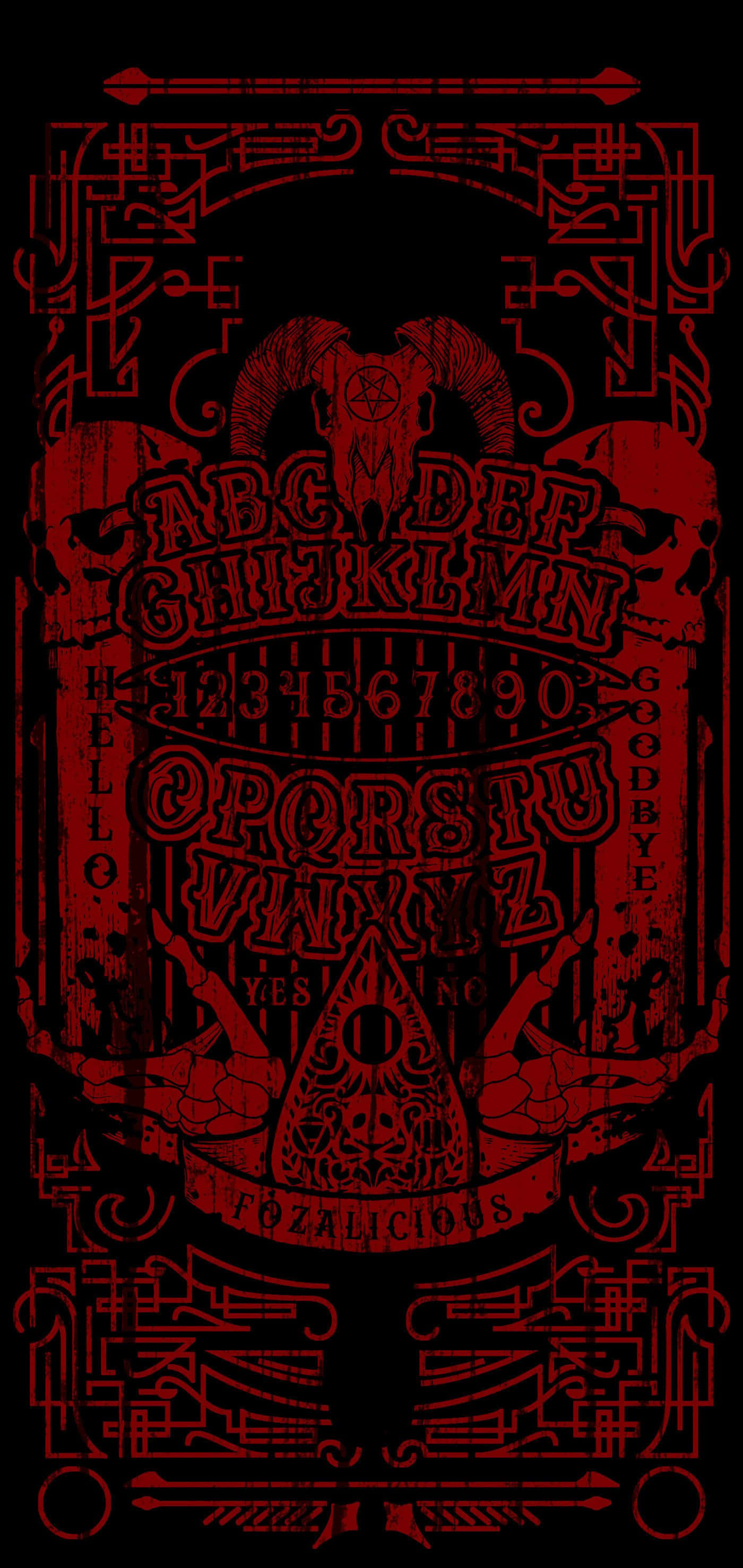 Ouija Boards 桌布 壁紙 — 一個復古風格的靈應盤，以粗紅線繪製在黑色背景上，帶有華麗邊框和神秘符號。