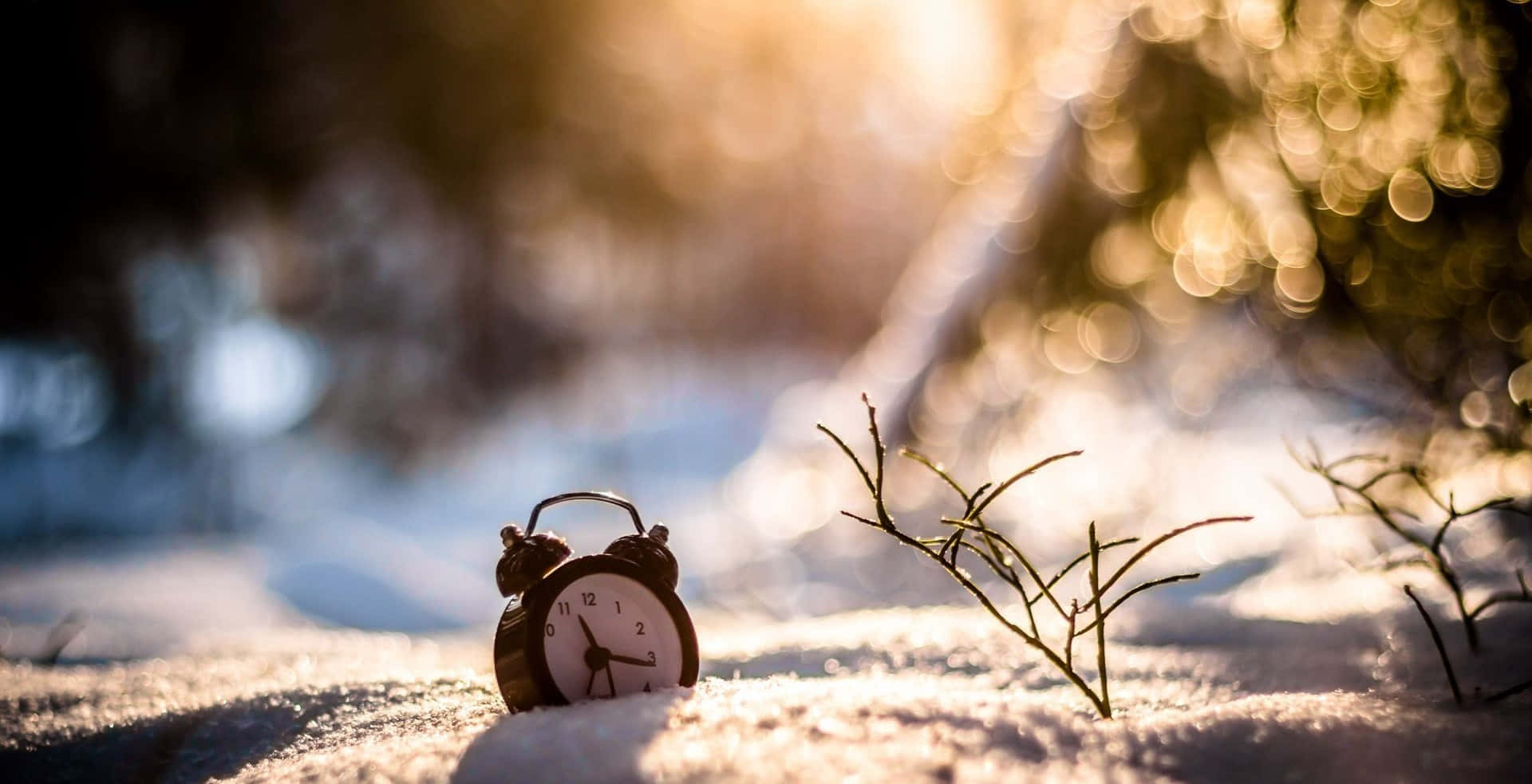 Time 桌布 壁紙 — 一個復古鬧鐘躺在雪中，金色陽光透過模糊的冬季樹枝灑落。