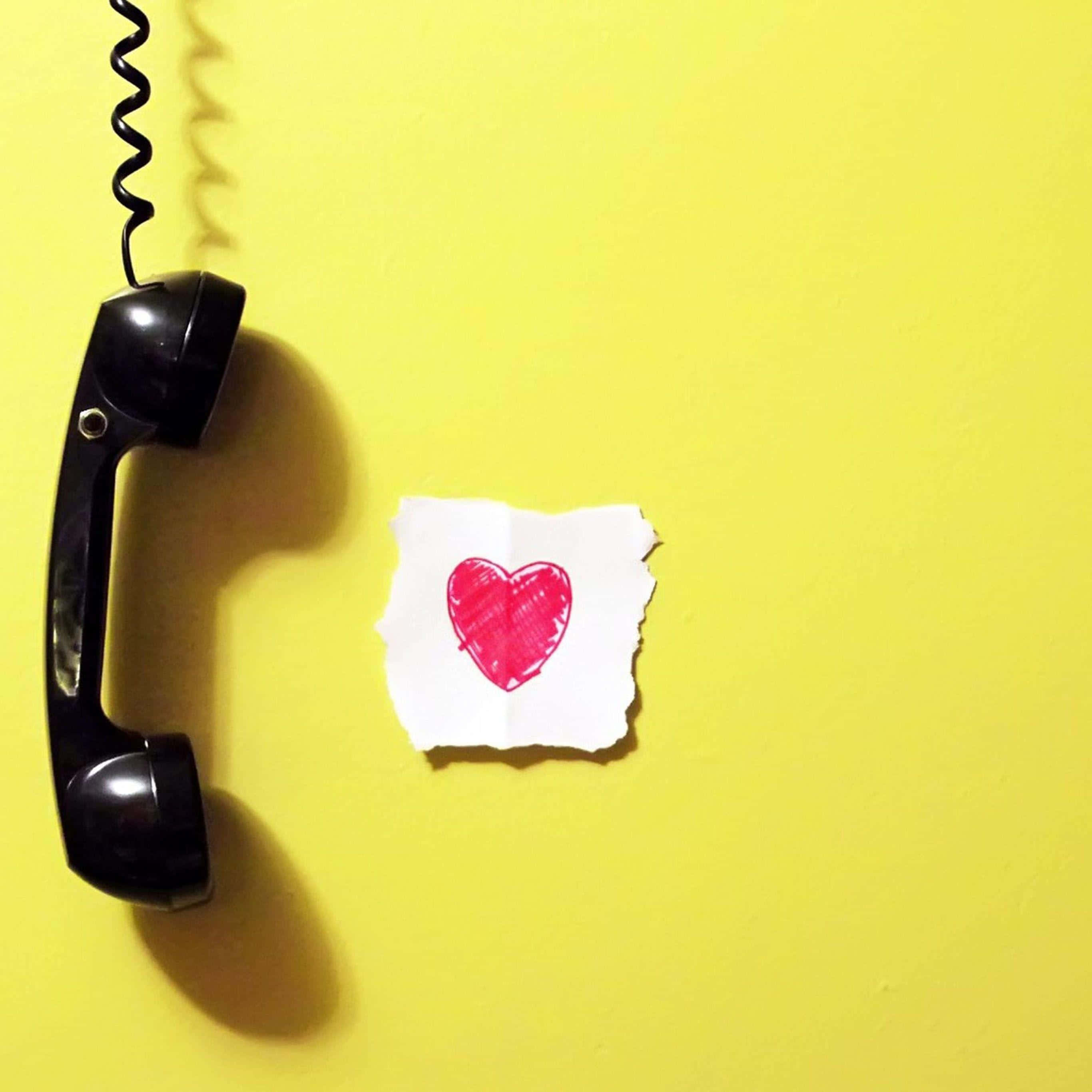 Phone Call 桌布 壁紙 — 一個復古黑色電話聽筒放在一張撕破的白紙旁邊，紙上畫有一個紅色心形，背景是明亮的黃色。