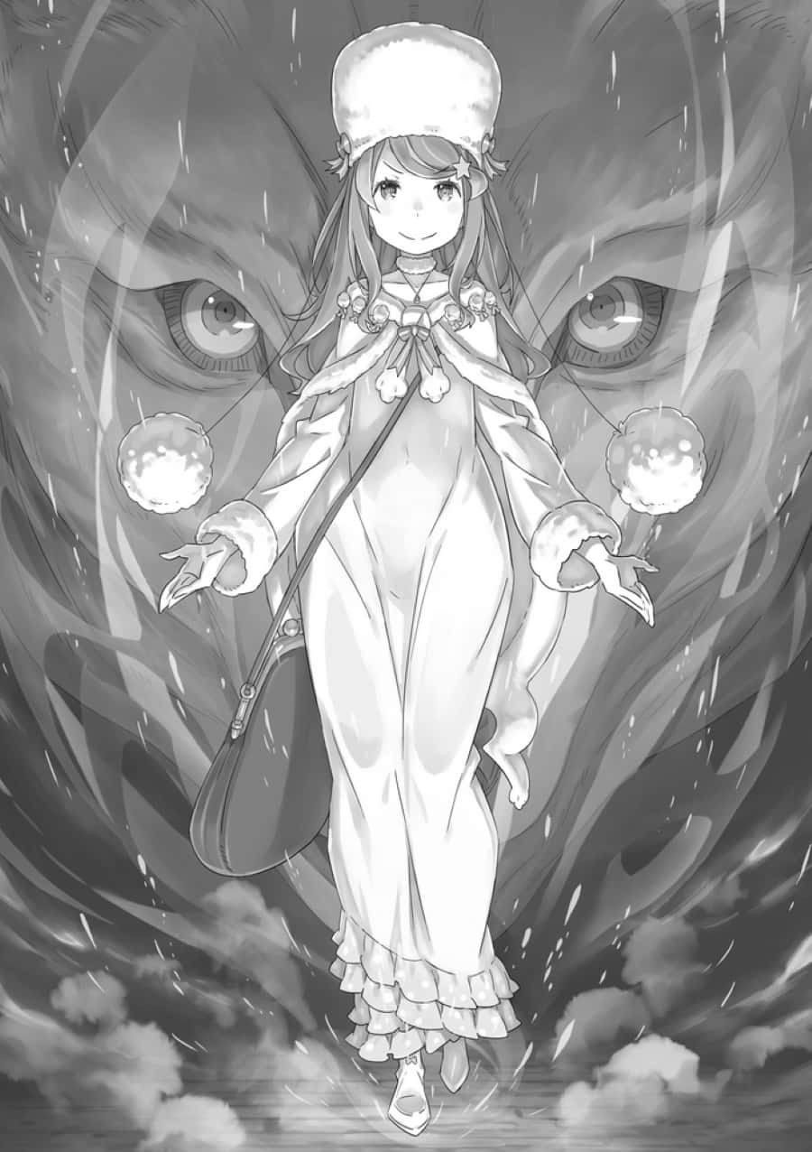 Anastasia Hoshin 桌布 壁紙 — 一個微笑的動漫女孩穿著冬季外套和帽子，在旋轉的雪花中漂浮，身後有巨大的眼睛逼近。