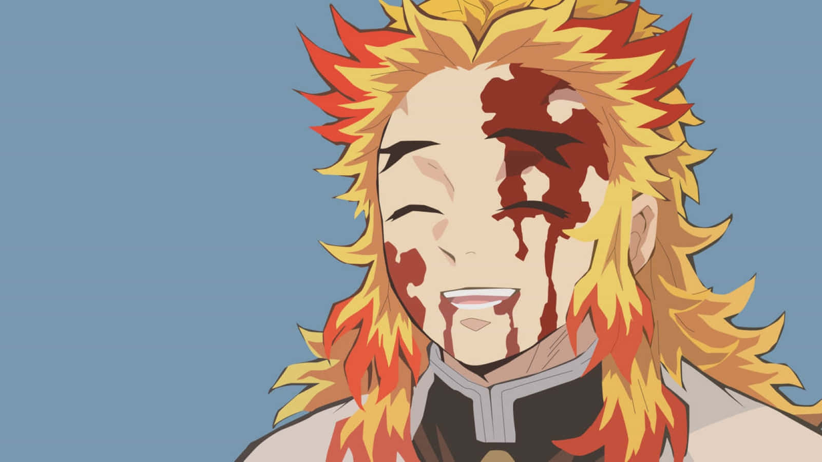 Rengoku Minimalist 桌布 壁紙 — 一個微笑的動漫戰士，擁有火熱的橙色頭髮和臉上的血跡，背景是純藍色。
