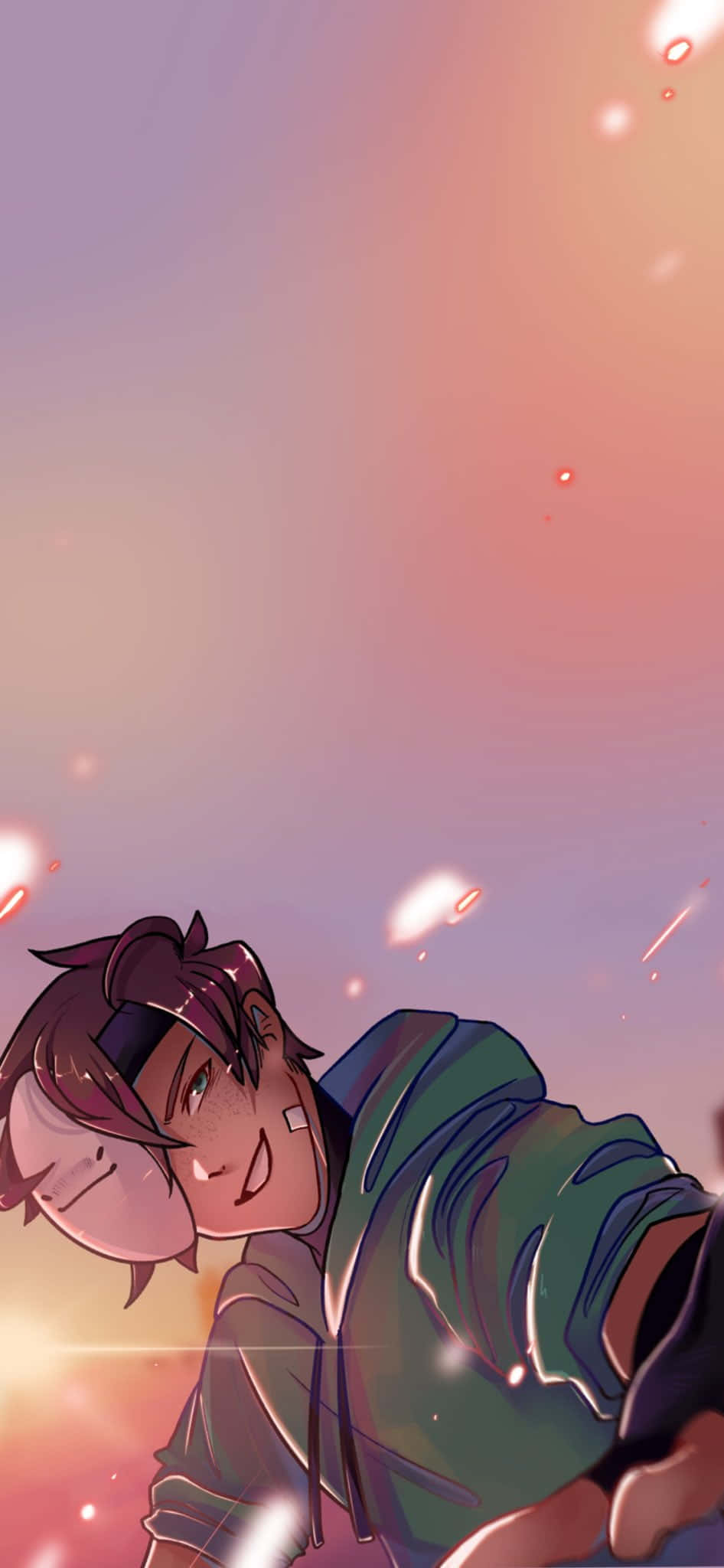 Dream Smp 桌布 壁紙 — 一個微笑的動漫男孩穿著綠色連帽衫，靠著柔和的粉紫色天空，漂浮著閃爍的光芒。