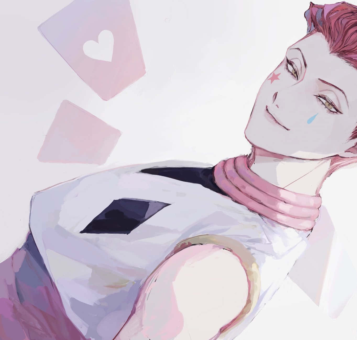 hisoka 桌布 壁紙 — 一個微笑的動漫角色，粉紅色頭髮和一滴眼淚，溫柔地微笑，粉紅色的心形飄過。