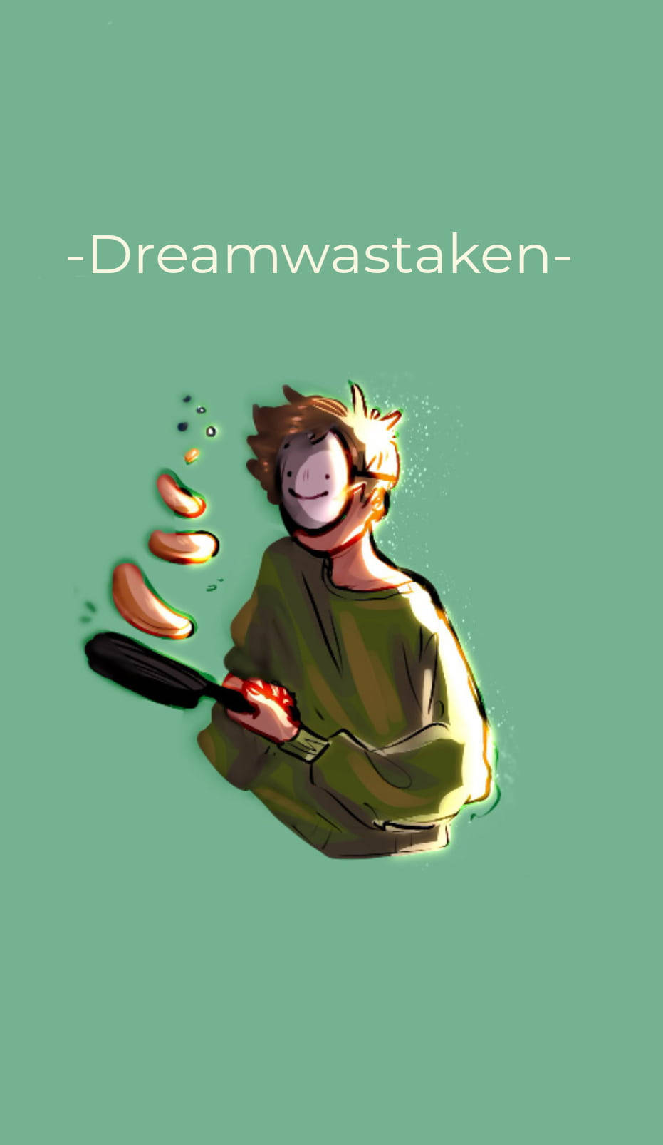 Gamer 桌布 壁紙 — 一個微笑的動漫風格男孩，頭髮尖刺，拿著煎鍋，橙色食物在他周圍旋轉，背景是青綠色。