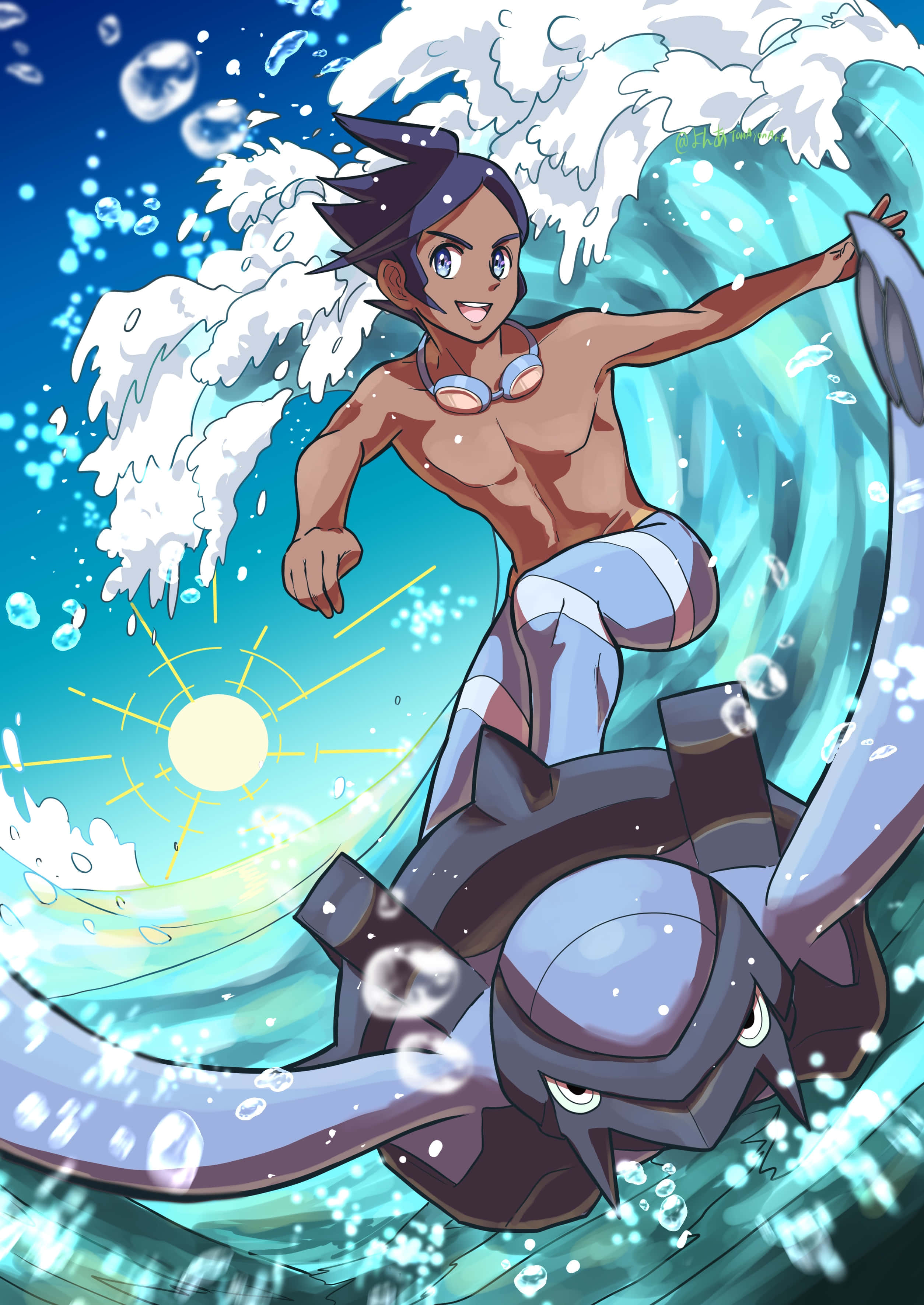 遊戲 桌布 壁紙 — 一個微笑的動畫男孩騎著巨浪，帶著一隻寶可夢，背後陽光燦爛。