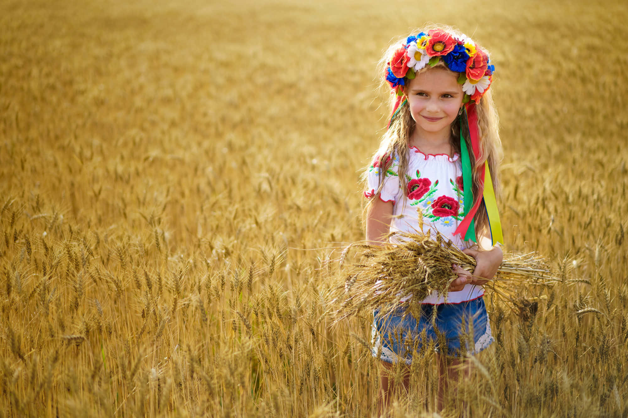 Ukrainian Girl Flower Crown Wheat Field 壁紙 — 一個微笑的女孩戴著彩色花環和刺繡襯衫，在溫暖的陽光下於金色麥田裡捧著小麥。