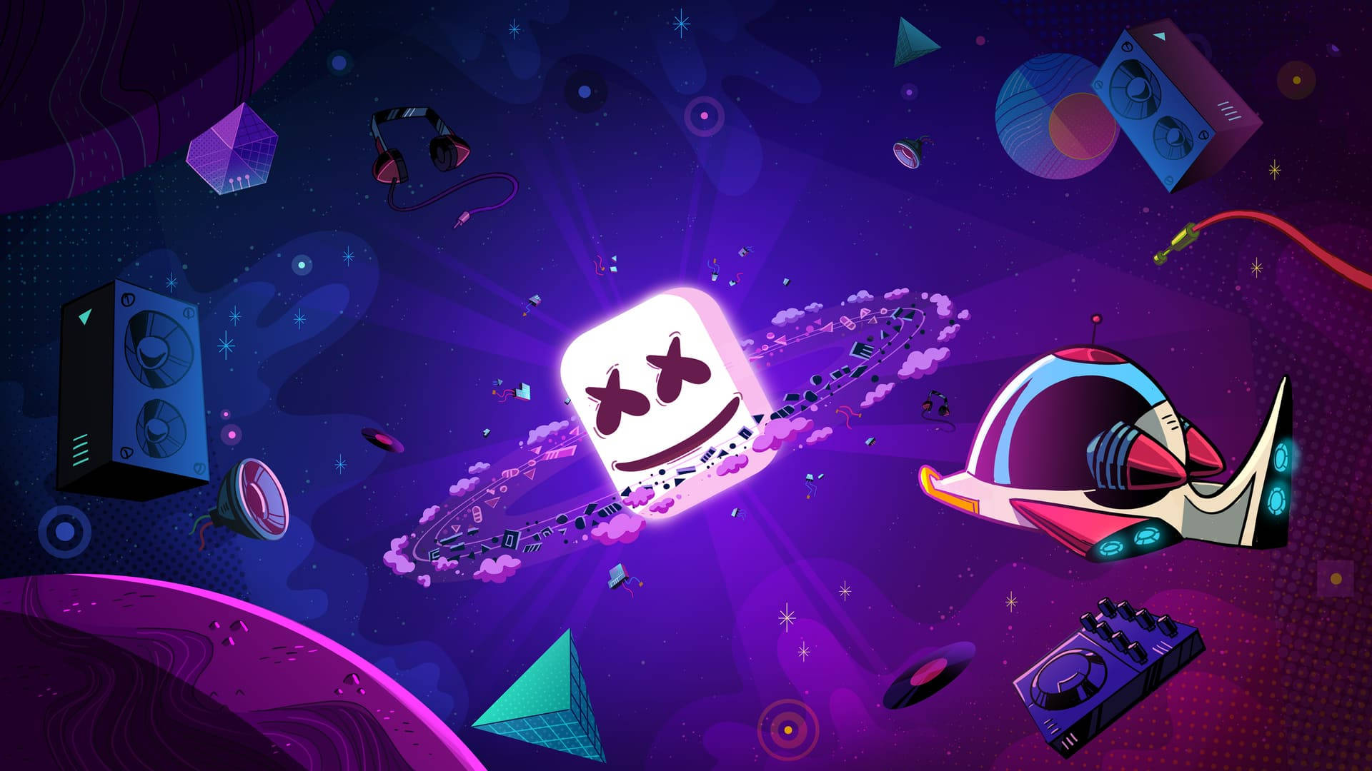 Marshmello 桌布 壁紙 — 一個微笑的棉花糖角色漂浮在宇宙紫色星系中的生動數位插圖，周圍環繞著漂浮的音樂設備和幾何形狀。