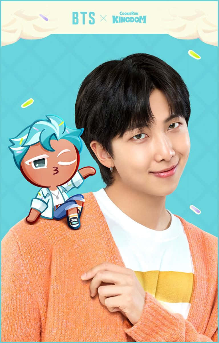 Bts Endorsements 桌布 壁紙 — 一個微笑的男人穿著橙色開襟毛衣，肩上站著一個卡通餅乾角色，背景是明亮的藍色。