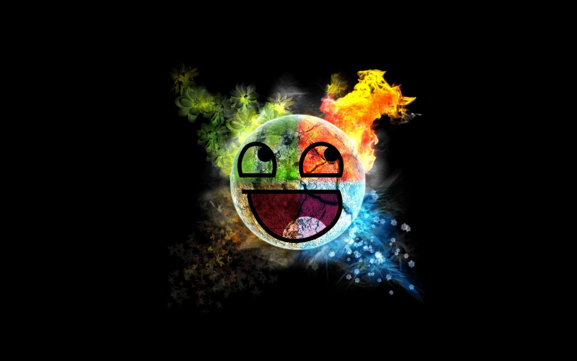 Creativity Memes 桌布 壁紙 — 一個微笑的表情符號球體在黑色背景上散發出鮮豔的火焰、雪花和花朵。