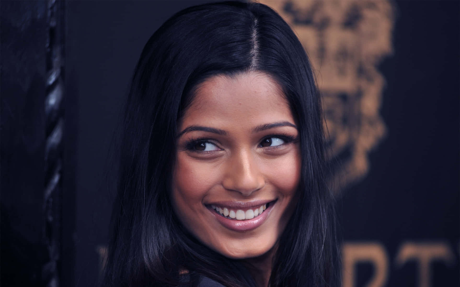 Freida Pinto 桌布 壁紙 — 一個微笑的長黑髮女性特寫肖像，她正望向鏡頭外，背景為深色並帶有金色字樣。