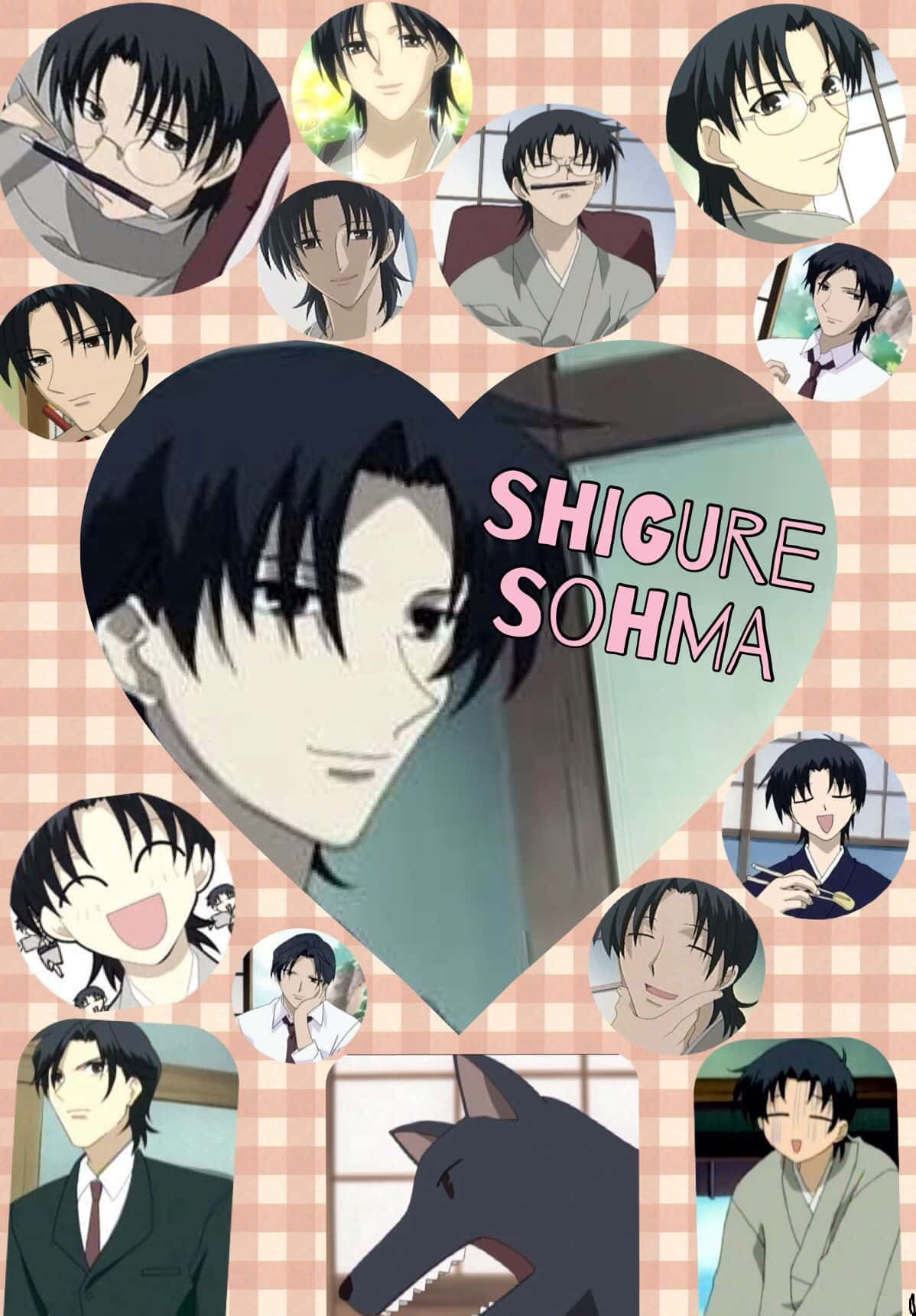Shigure Sohma 桌布 壁紙 — 一個心形拼貼畫，展示動畫角色草摩紫吳穿著不同服裝和表情，背景為粉紅色格子圖案。