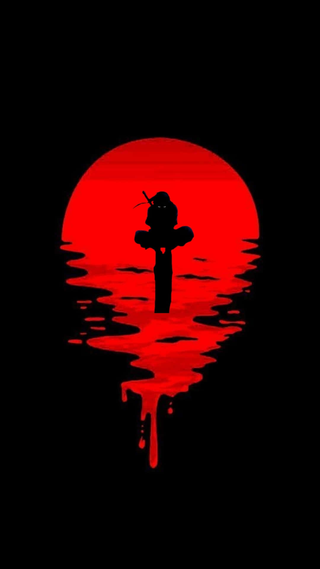 Genjutsu 桌布 壁紙 — 一個忍者剪影站在插在水中的劍上，下方是血紅色的太陽，帶有滴落的倒影。