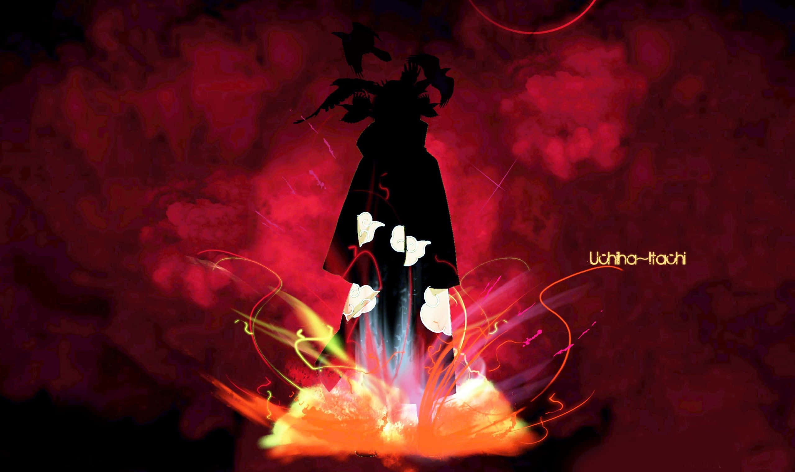 Itachi 桌布 壁紙 — 一個忍者的黑色剪影站在熾熱的爆炸之上，背景是旋轉的紅色和黑色。