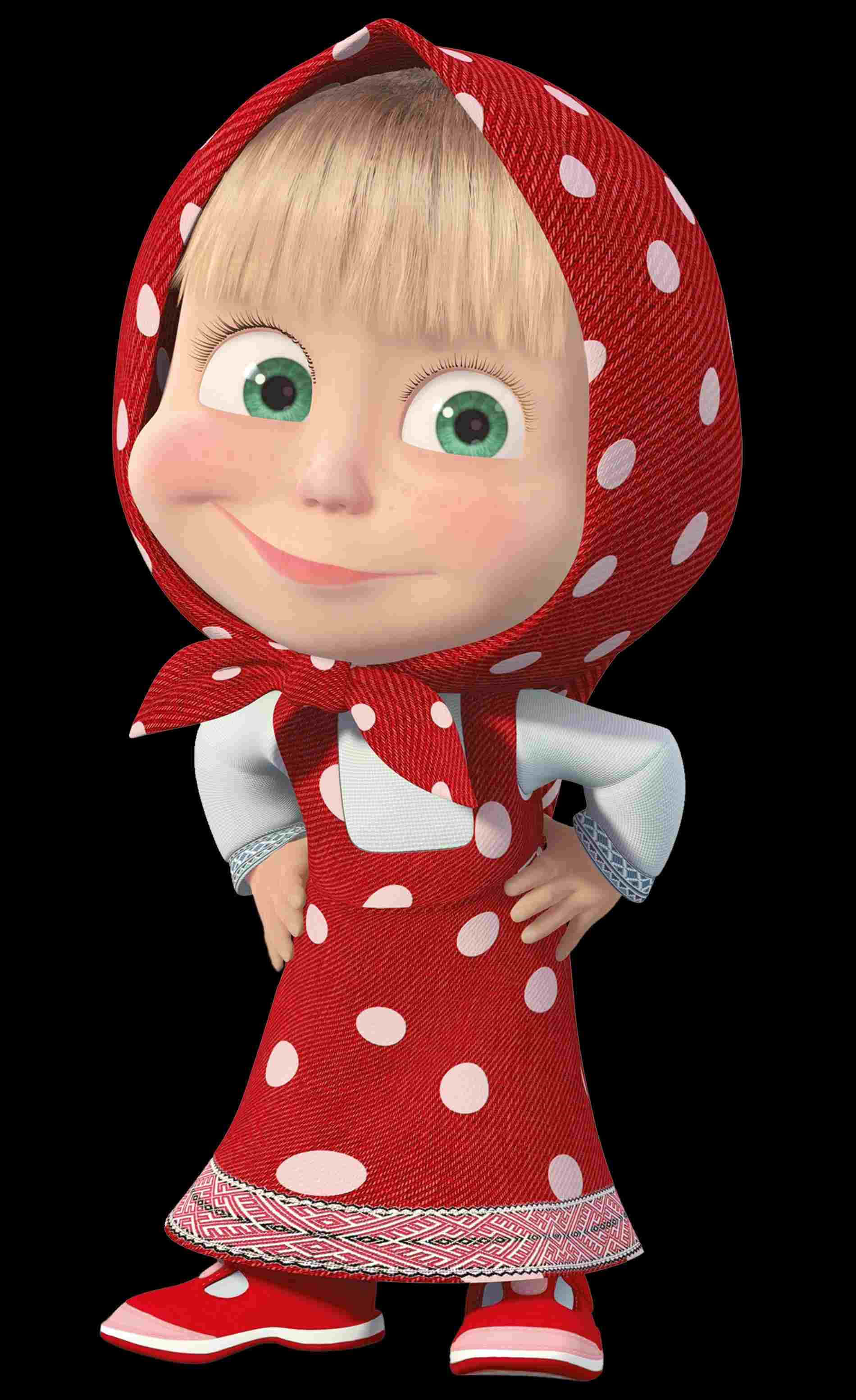 Masha And The Bear 桌布 壁紙 — 一個快樂的3D渲染卡通女孩，穿著紅色圓點連衣裙和頭巾，在黑色背景前微笑，眼睛明亮綠色。