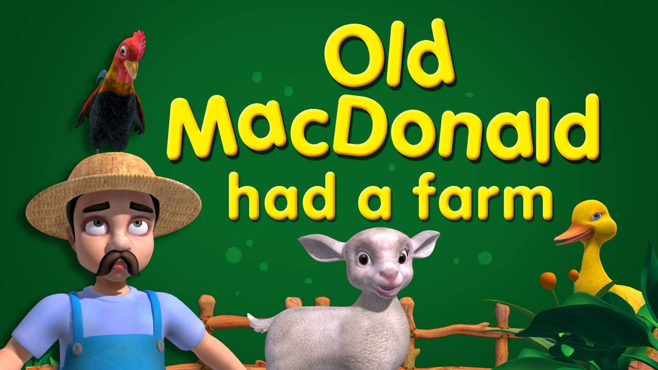 Infobells Old MacDonald 壁紙 — 一個快樂的3D渲染農夫，帽子上有公雞，旁邊站著一隻小羊和一隻鴨子，背景是綠色，並有粗體黃色文字。