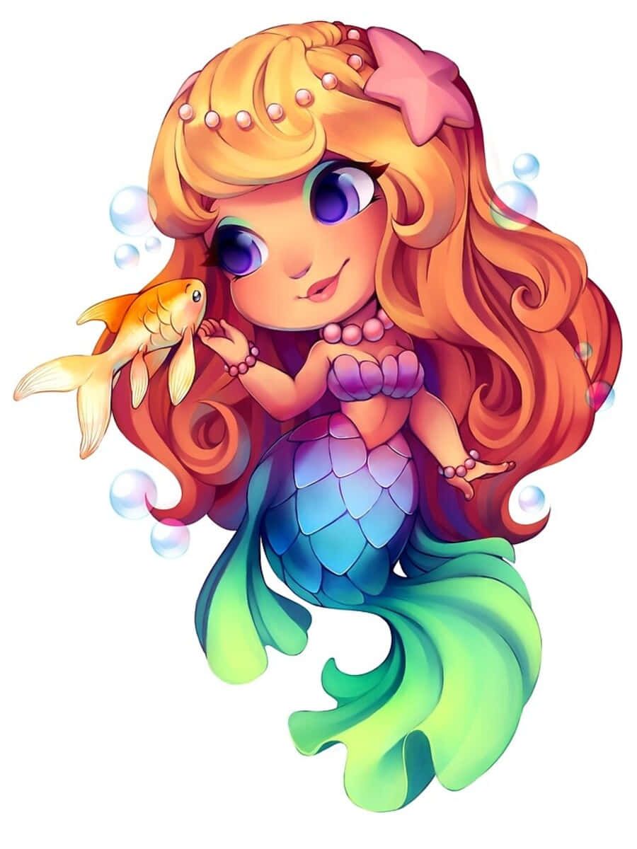 Kawaii Mermaid 桌布 壁紙 — 一個快樂的Q版美人魚，金色頭髮和彩虹尾巴，溫柔地抱著一條被氣泡包圍的金魚。