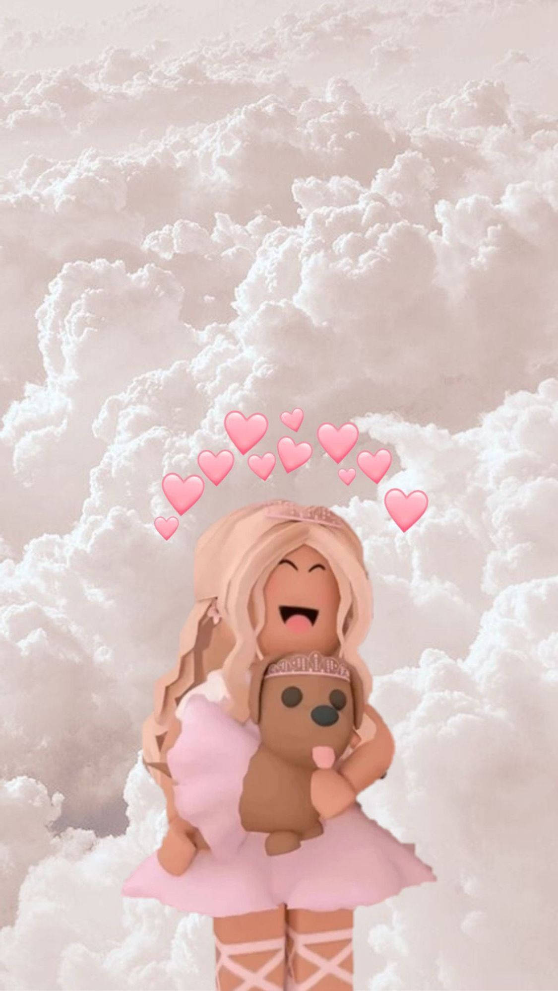 Roblox 桌布 壁紙 — 一個快樂的Roblox女孩穿著粉紅色連衣裙，在蓬鬆的白雲和漂浮的粉紅色心形中擁抱泰迪熊。