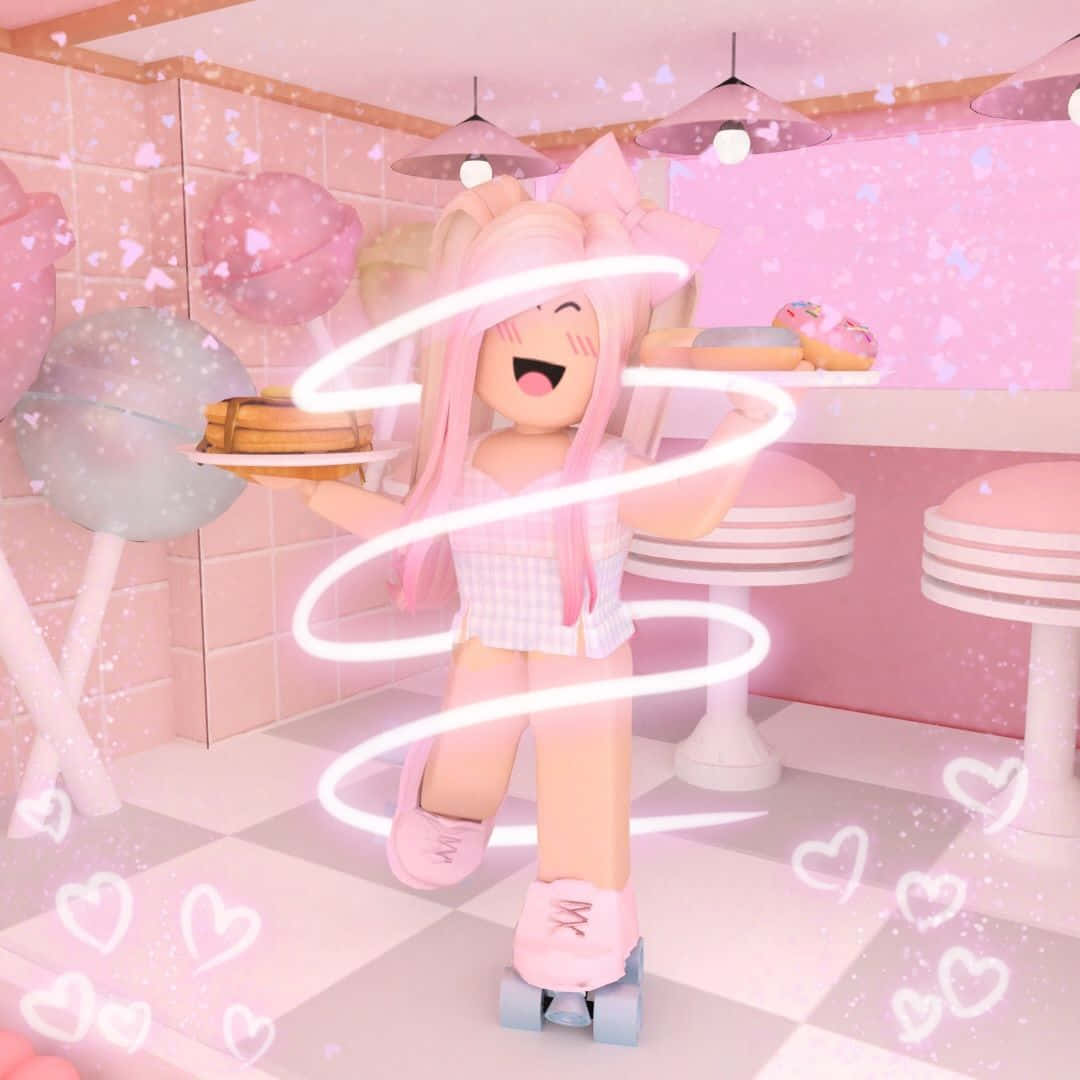 Aesthetic Roblox 桌布 壁紙 — 一個快樂的Roblox角色，粉紅色頭髮，穿著溜冰鞋在粉紅色懷舊餐廳滑行，手持薄餅和冬甩，周圍有漂浮的心形和棒棒糖。