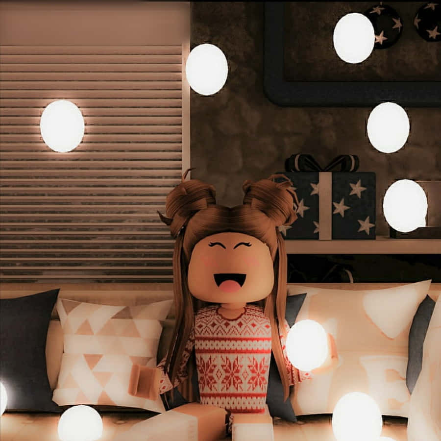 Aesthetic Roblox 桌布 壁紙 — 一個快樂的Roblox角色穿著節日毛衣，在舒適的臥室中被發光的球體和節日禮物包圍，露出燦爛的笑容。