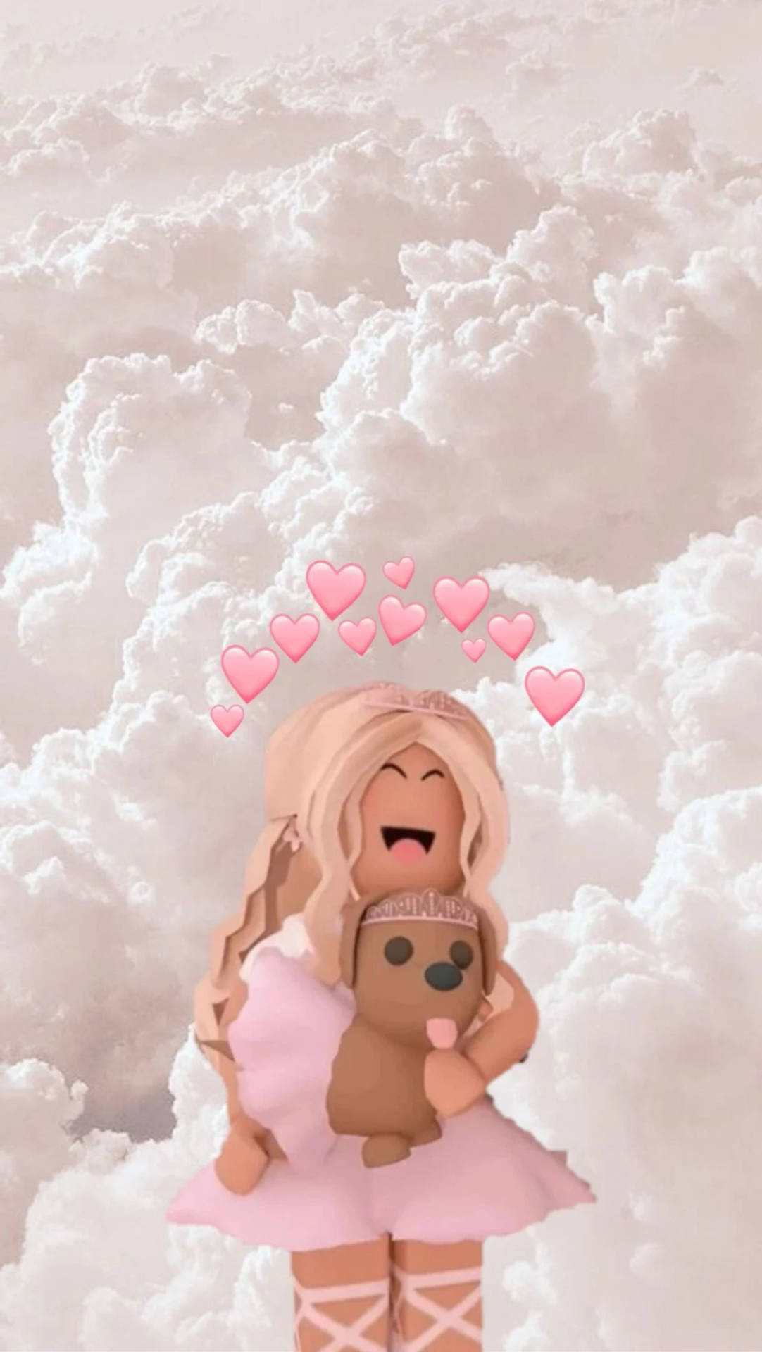 一個微笑的Roblox女孩穿著粉紅色連衣裙，抱著一隻泰迪熊，心形漂浮在她頭頂的雲朵中。 — 可愛狗狗gif 壁紙