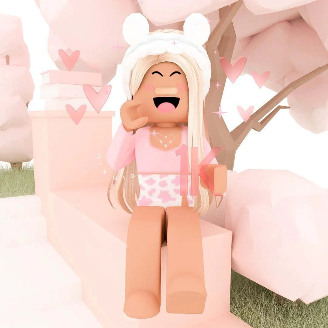 美學 Roblox 桌布 壁紙 — 一個快樂的Roblox頭像，戴著兔耳朵和粉紅色服裝，在櫻花樹下慶祝，周圍漂浮著愛心。