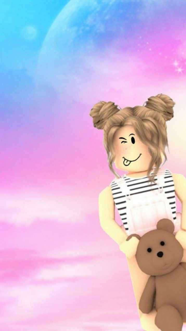 Roblox 桌布 壁紙 — 一個快樂的Roblox頭像，雙丸子頭，在巨大月亮的粉彩宇宙天空下抱著泰迪熊眨眼。