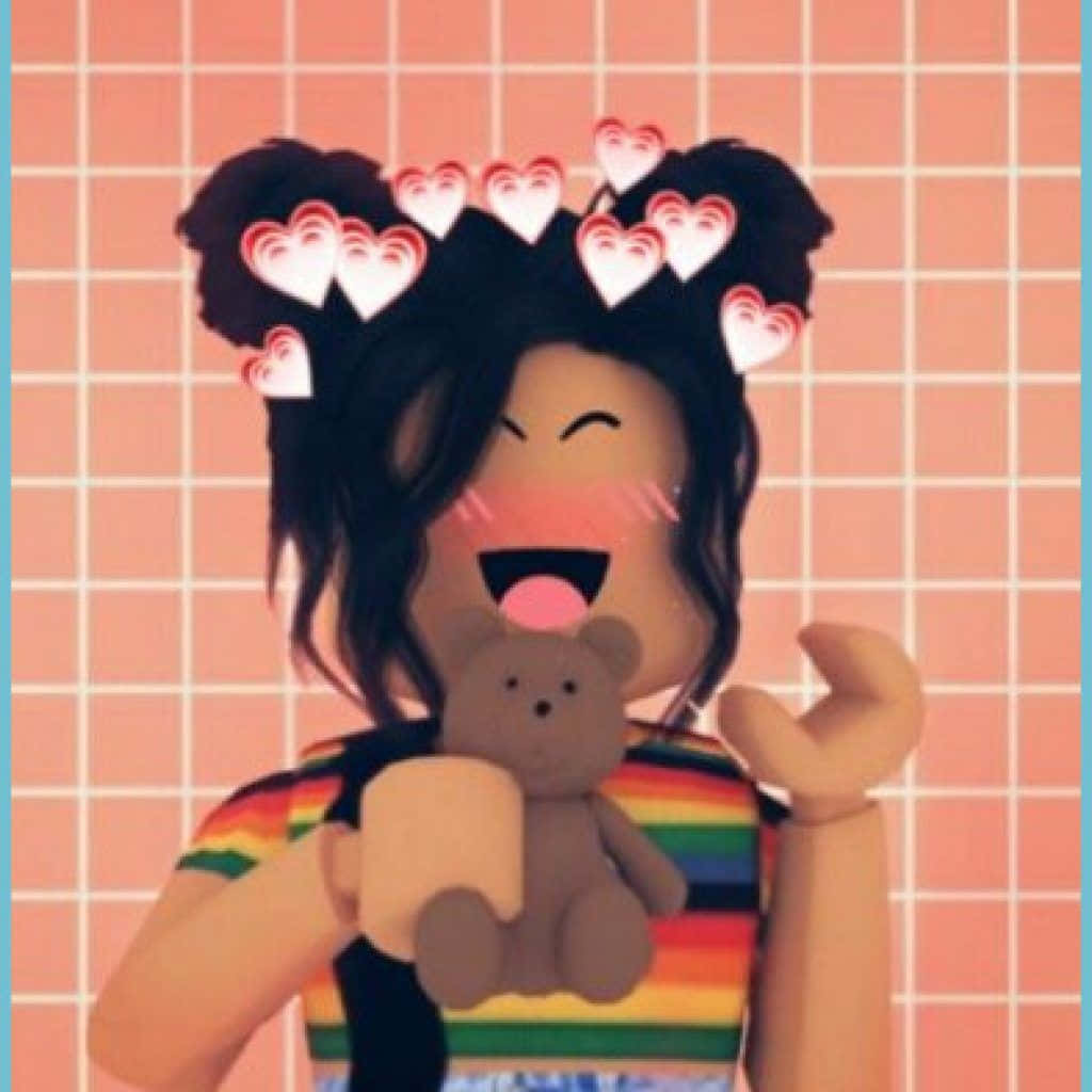 Roblox Aesthetic 桌布 壁紙 — 一個快樂的Roblox頭像，頭髮上有心形表情符號，在粉紅色網格背景前抱著一隻泰迪熊。