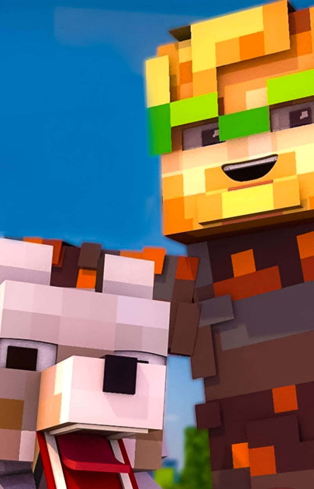 Minecraft Youtubers 桌布 壁紙 — 一個快樂的像素化Minecraft角色，綠色頭髮，在明亮的藍天下微笑著站在一隻羊旁邊。