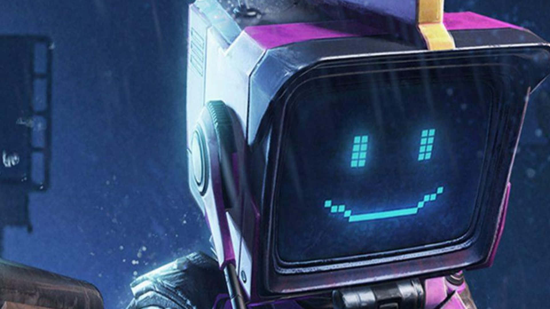 HD Gaming 桌布 壁紙 — 一個快樂的像素機械人，帶有微笑的屏幕面孔，站在下雨的未來夜晚場景中。