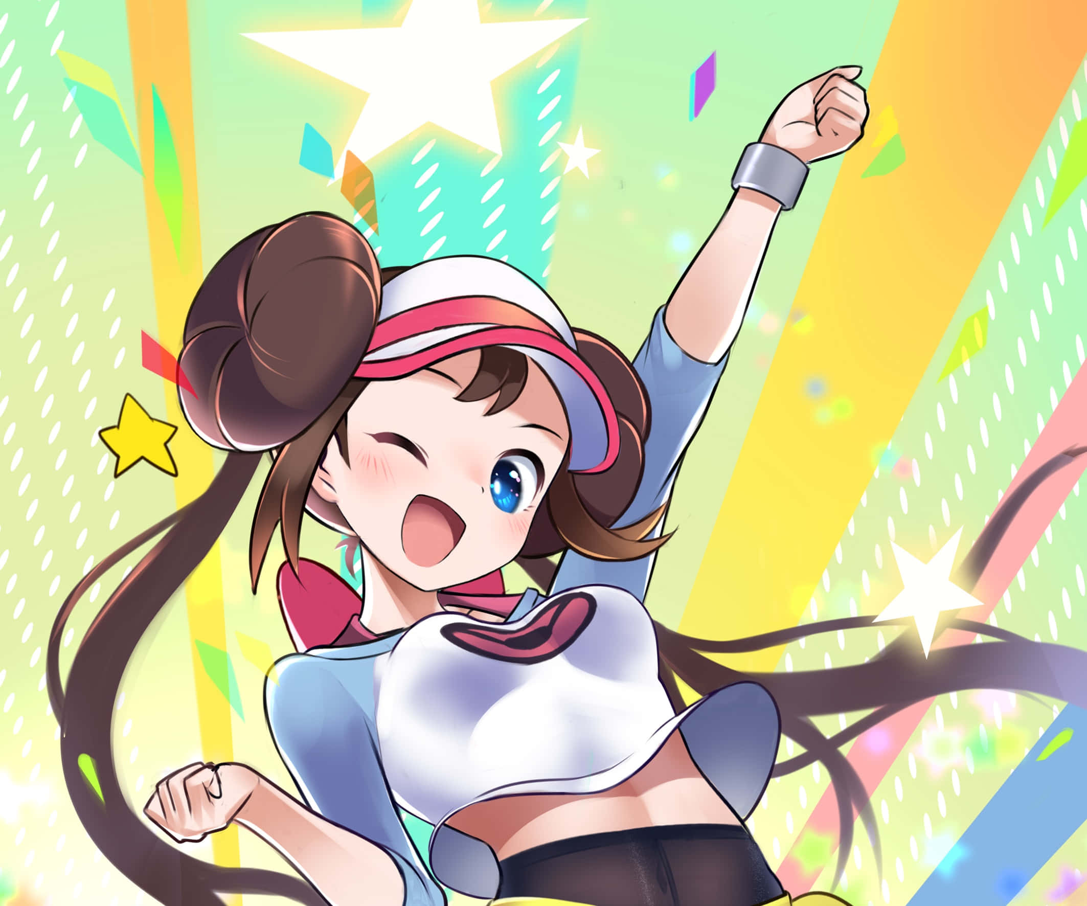 Pokemon Masters 桌布 壁紙 — 一個快樂的動漫女孩，棕色雙馬尾，藍色眼睛，在充滿星星和五彩紙屑的鮮豔彩虹背景前舉起拳頭歡呼。