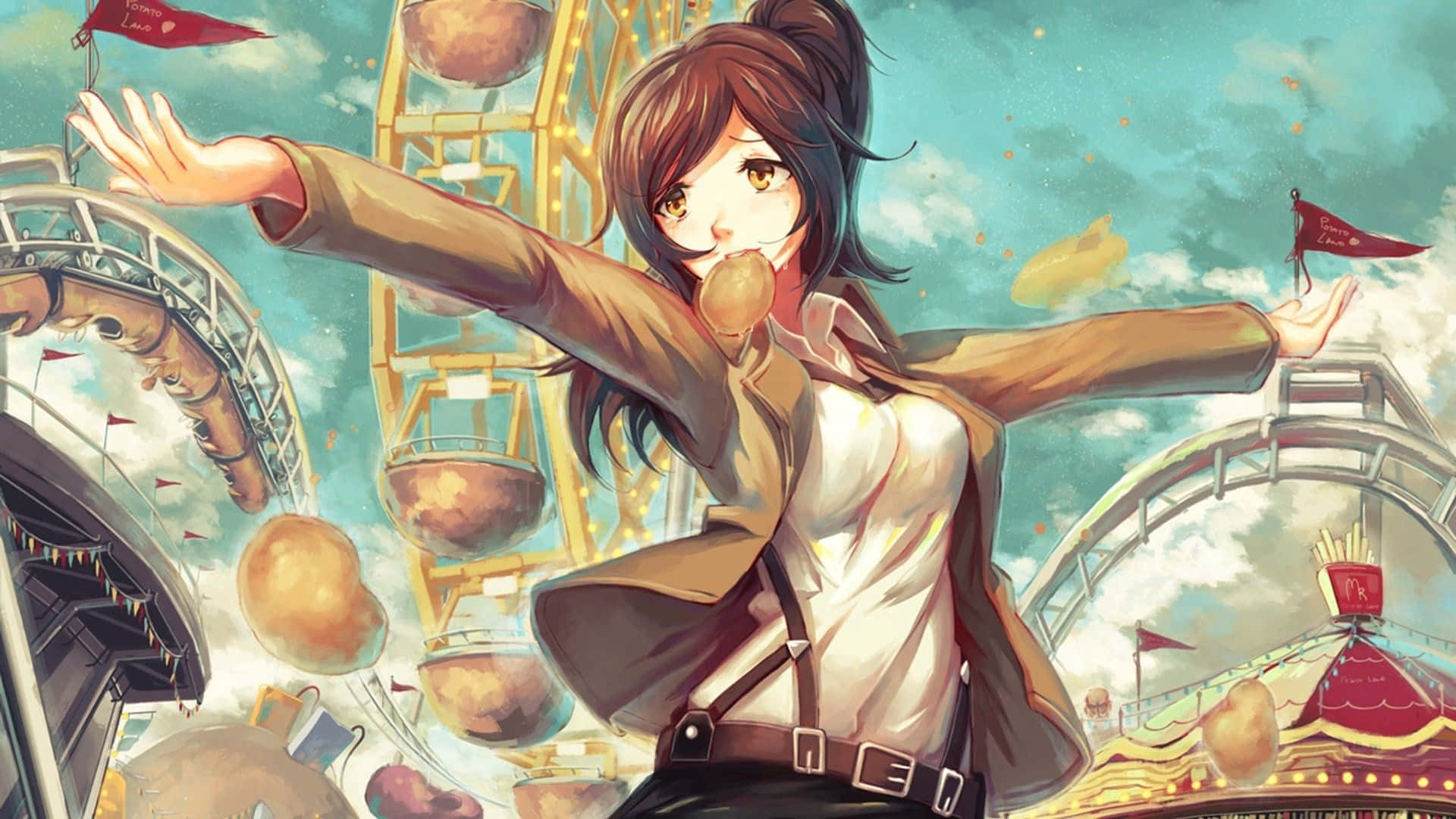 Sasha Blouse 桌布 壁紙 — 一個快樂的動漫女孩，棕色頭髮，金色眼睛，在青綠色的天空下，在一個奇特的嘉年華中張開雙臂。