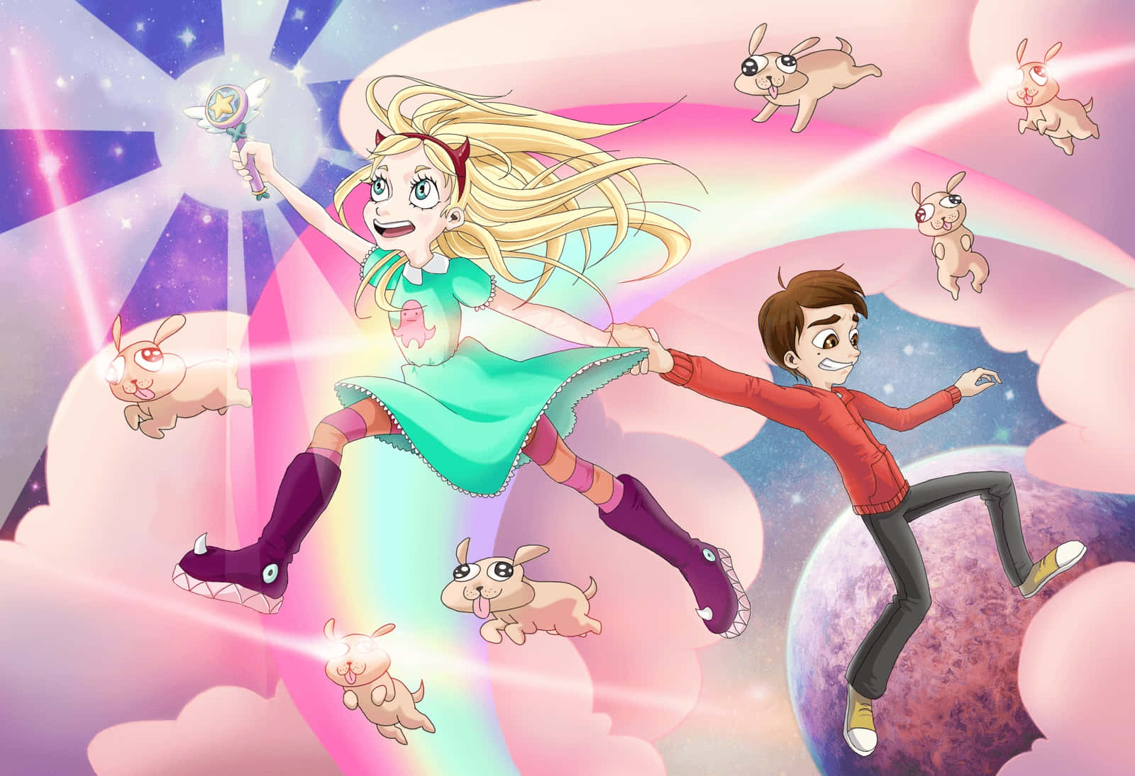 Star Vs The Forces Of Evil 桌布 壁紙 — 一個快樂的動漫女孩拿著魔法棒，一個男孩跳過宇宙彩虹，漂浮的兔子在星空背景下。
