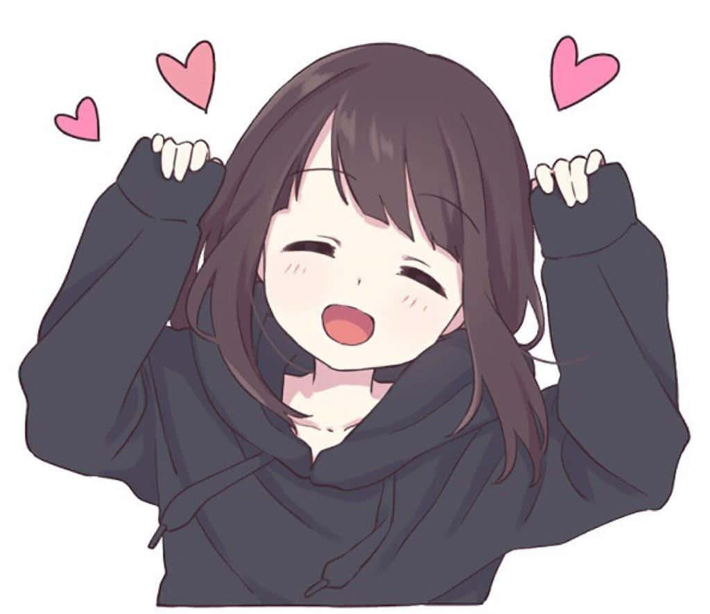 Menhera Chan 桌布 壁紙 — 一個快樂的動漫女孩穿著深色連帽衫，閉著眼睛笑著，粉紅色的心形在她頭周圍漂浮。