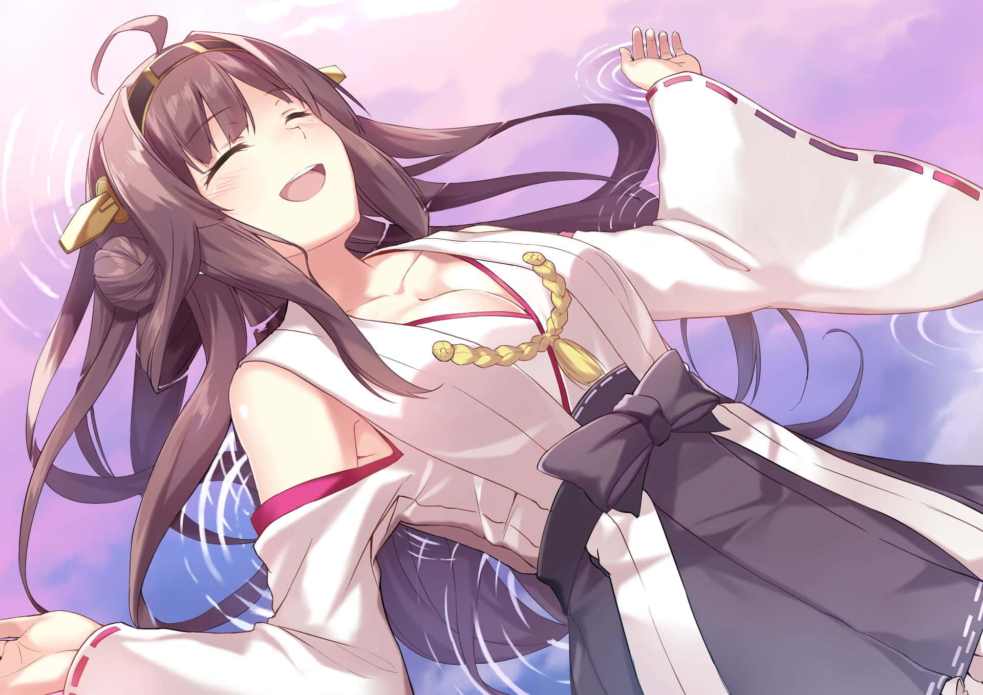Kantai Collection 桌布 壁紙 — 一個快樂的動漫女孩穿著白色和服，閉著眼睛大笑，風在她飄逸的頭髮周圍旋轉，映襯著柔和的紫色天空。