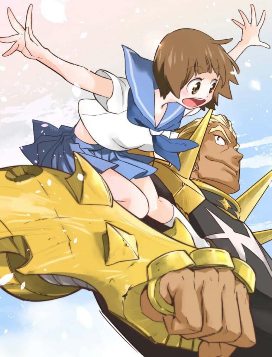 Ira Gamagoori 桌布 壁紙 — 一個快樂的動漫女孩穿著藍色水手服，騎在一個穿著金色盔甲的肌肉男身上，背景是雪天。