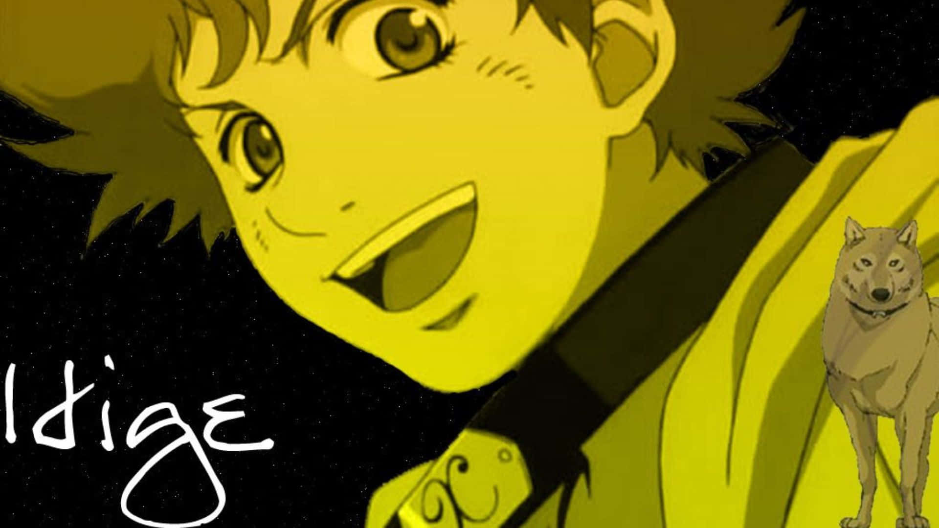 Wolf's Rain Hige 桌布 壁紙 — 一個快樂的動漫男孩，有著刺蝟頭，在滿天星斗的夜空下，與忠誠的狼一起閃耀。