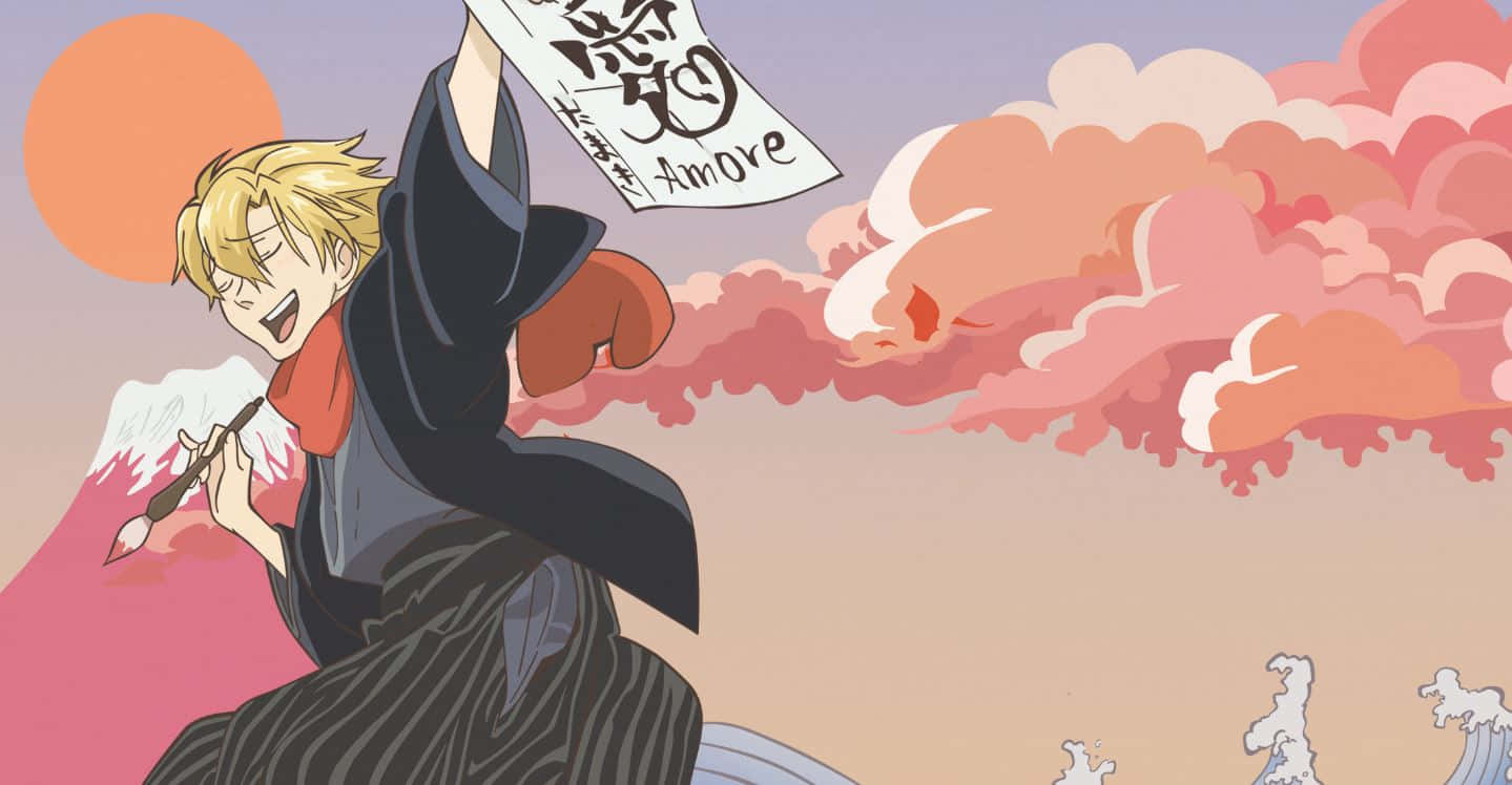 Tamaki Suoh 桌布 壁紙 — 一個快樂的動漫男孩穿著傳統長袍，在富士山頂上跳舞，手持寫有「Amore」的橫幅，背景是粉紅色的日落天空。