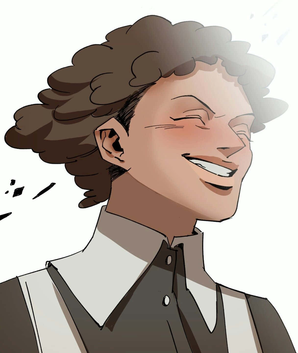 The Promised Neverland Krone 桌布 壁紙 — 一個快樂的動漫角色，擁有捲曲的棕色頭髮，在明亮的白色背景上開懷大笑。