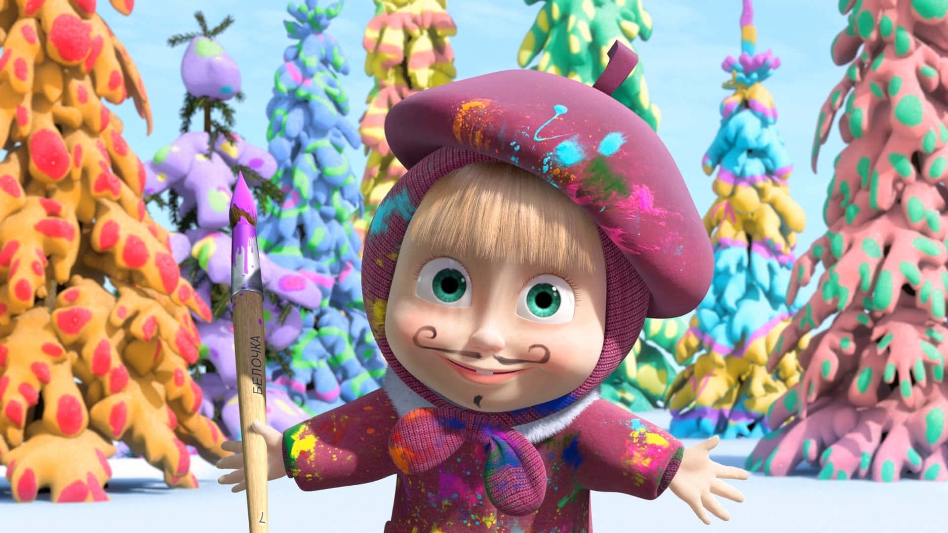 Masha And The Bear 桌布 壁紙 — 一個快樂的動畫女孩，戴著沾滿油漆的貝雷帽和外套，在白雪皚皚的風景中，手持畫筆，周圍是色彩繽紛、奇特的樹木。