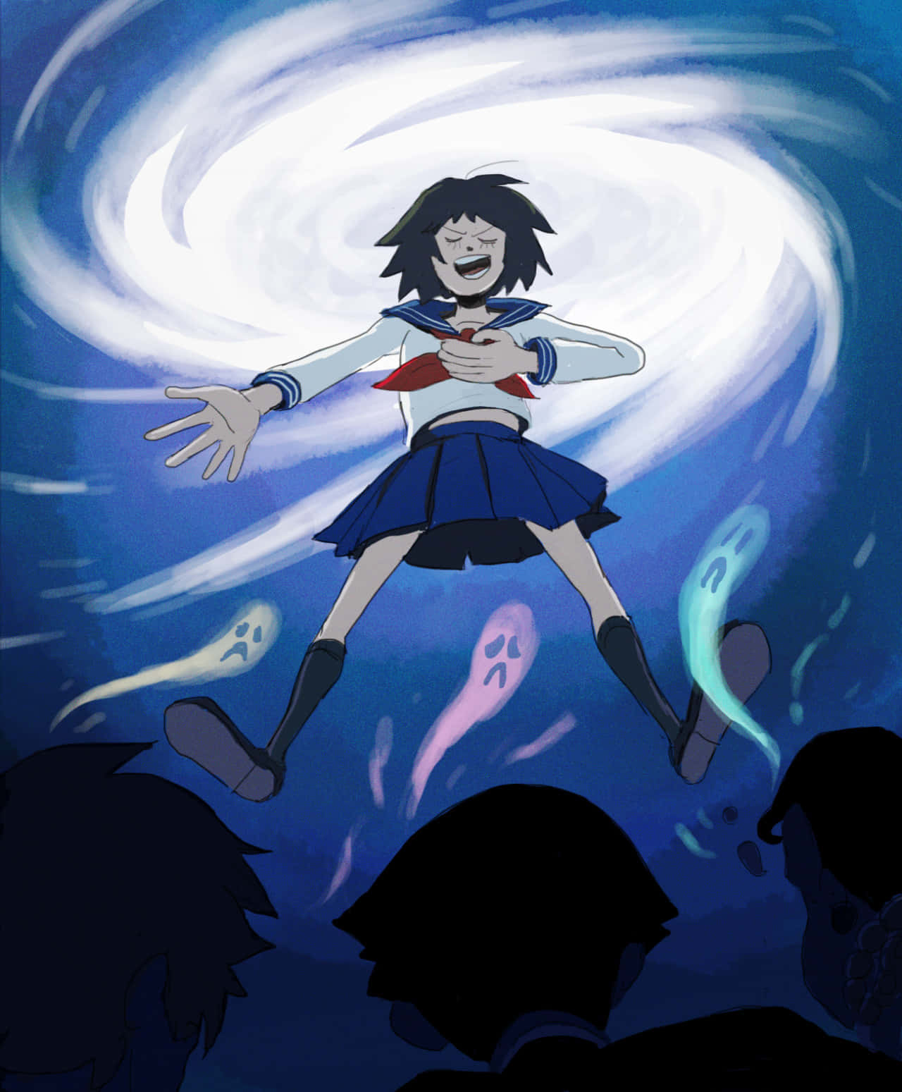 Tome Kurata 桌布 壁紙 — 一個快樂的動畫女孩穿著校服，在旋轉的藍色能量中漂浮，周圍有漂浮的鬼魂。