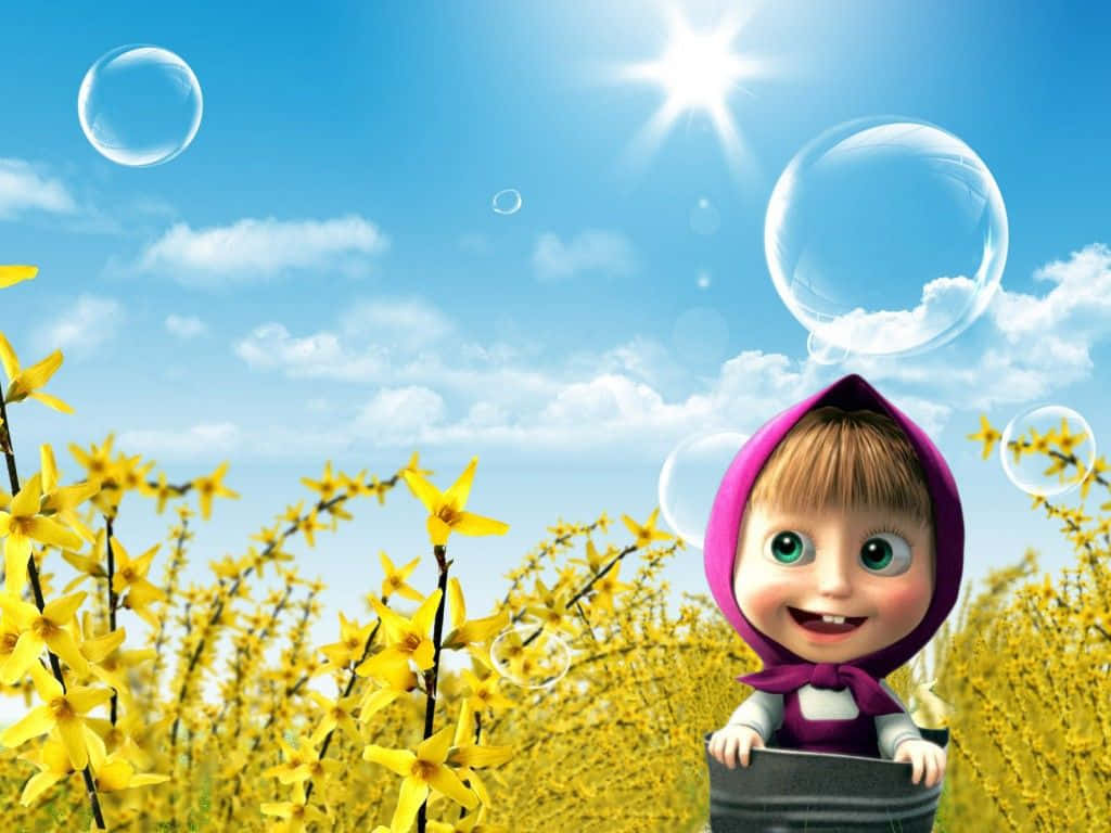 Masha And The Bear 桌布 壁紙 — 一個快樂的動畫女孩穿著紫色連帽衫，在盛開的黃色連翹花叢中，從一個桶子裡微笑，背景是明亮的陽光天空和漂浮的泡泡。