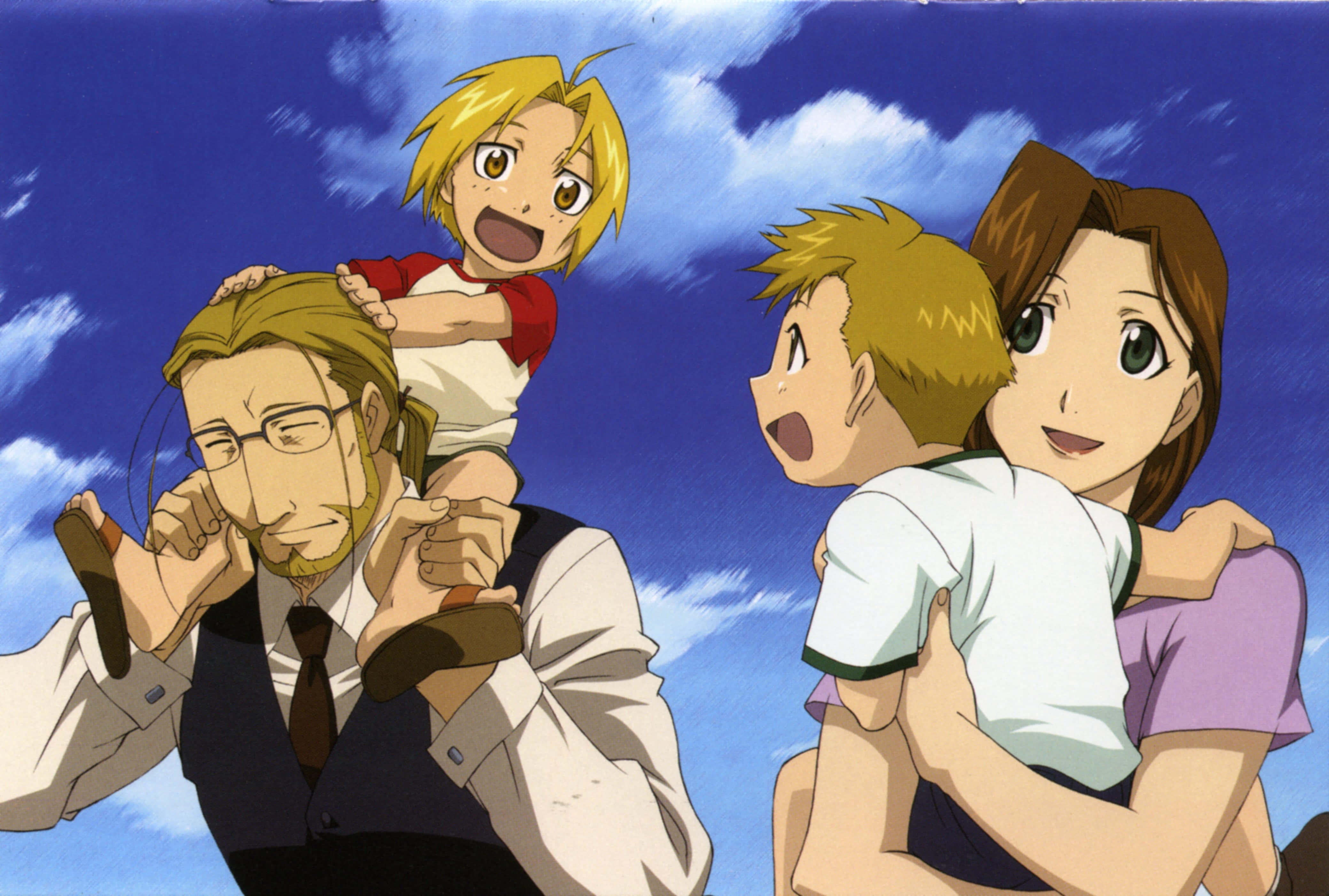Van Hohenheim 桌布 壁紙 — 一個快樂的動畫家庭時刻，父親和母親在明亮的藍天和蓬鬆的雲朵下抱著他們兩個興奮的孩子。