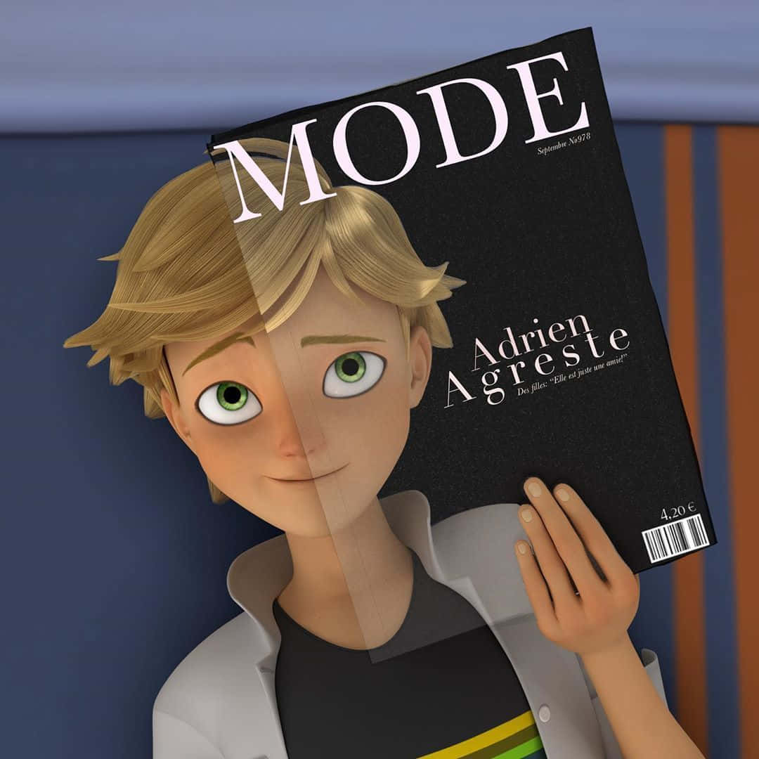 Adrien Agreste 桌布 壁紙 — 一個快樂的動畫男孩，綠色眼睛，拿著一本名為 MODE 的時尚雜誌，部分遮住他的臉。