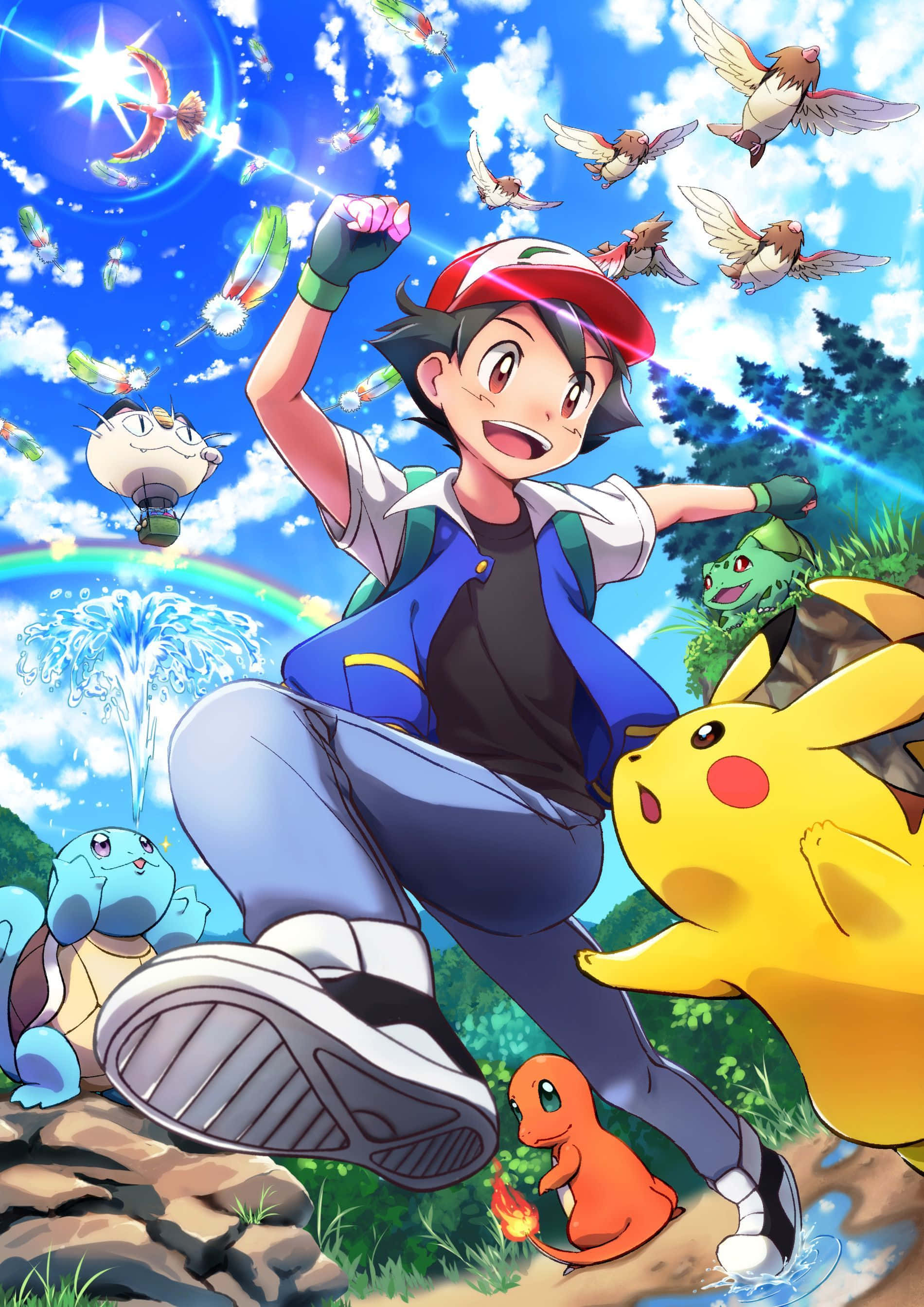 Pokemon Phone 桌布 壁紙 — 一個快樂的動畫男孩戴著紅色帽子，與比卡超和其他寶可夢在明亮的藍天下、有彩虹的充滿活力的戶外場景中勝利地站立。