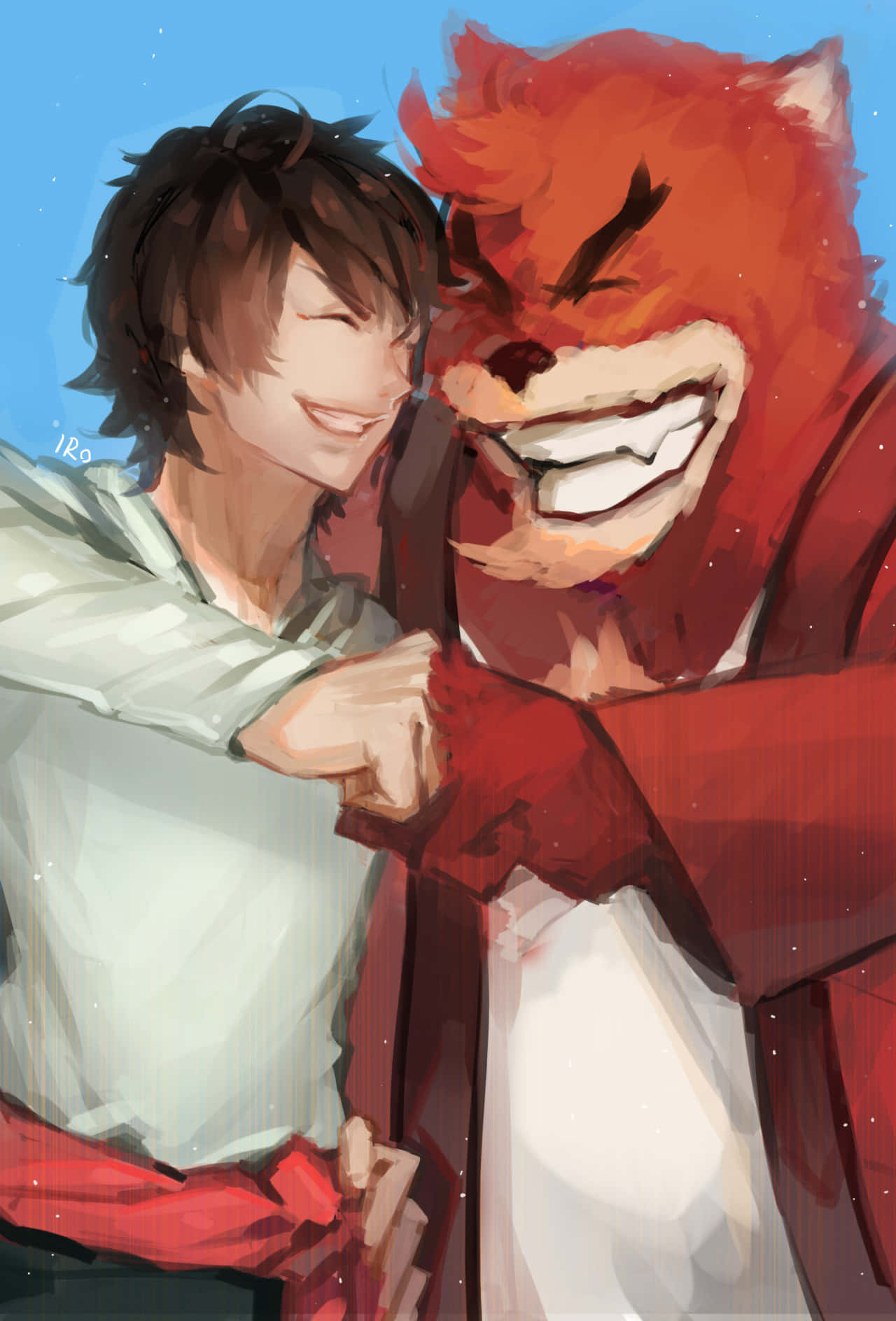 The Boy And The Beast 桌布 壁紙 — 一個快樂的動畫男孩擁抱一隻大紅狐狸，兩者都咧嘴而笑，背景是星空藍天。