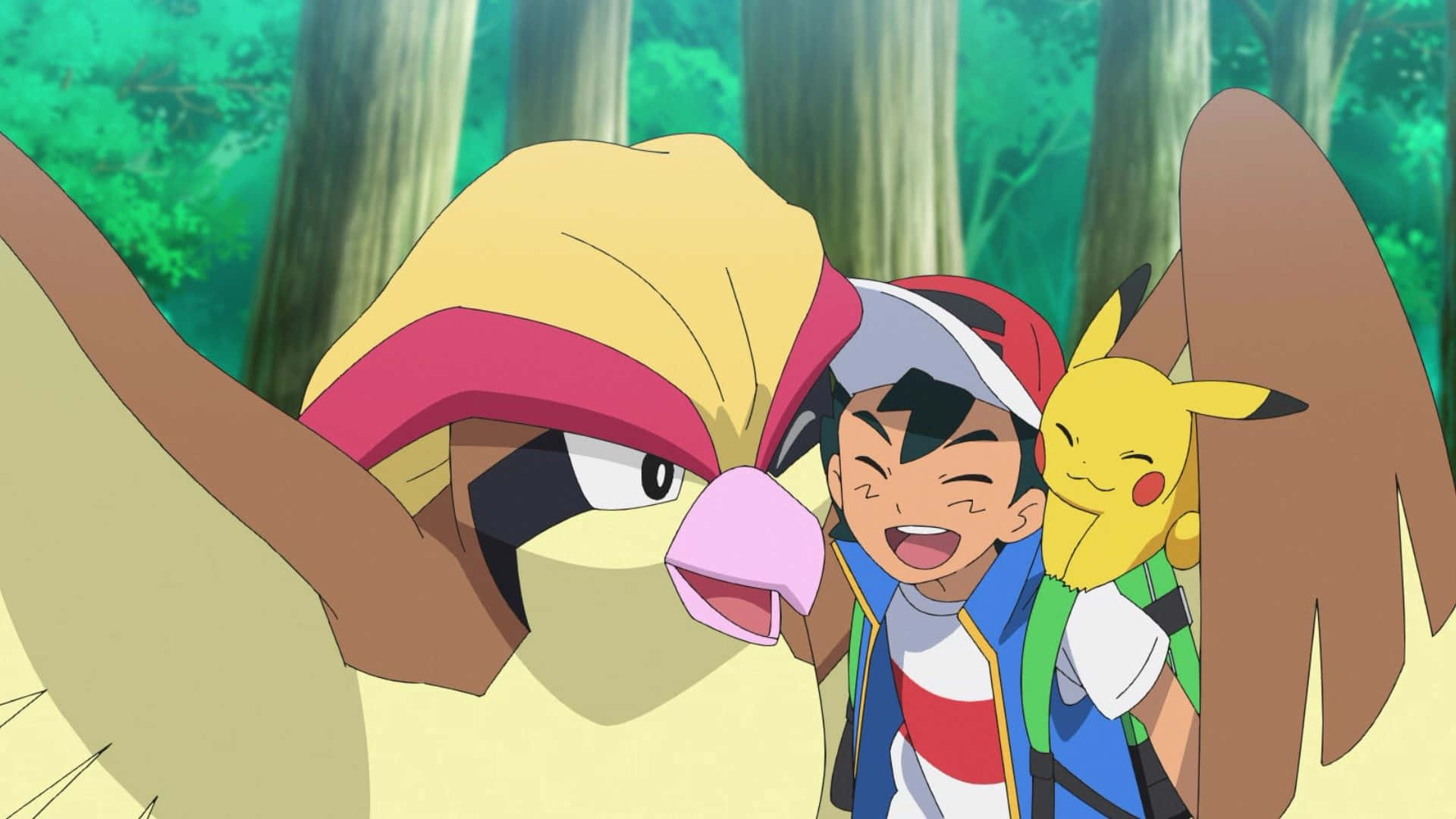 Pokemon Tv Shows 桌布 壁紙 — 一個快樂的動畫男孩與他的比卡超和一隻大型鳥類寶可夢在茂密的綠色森林中大笑。