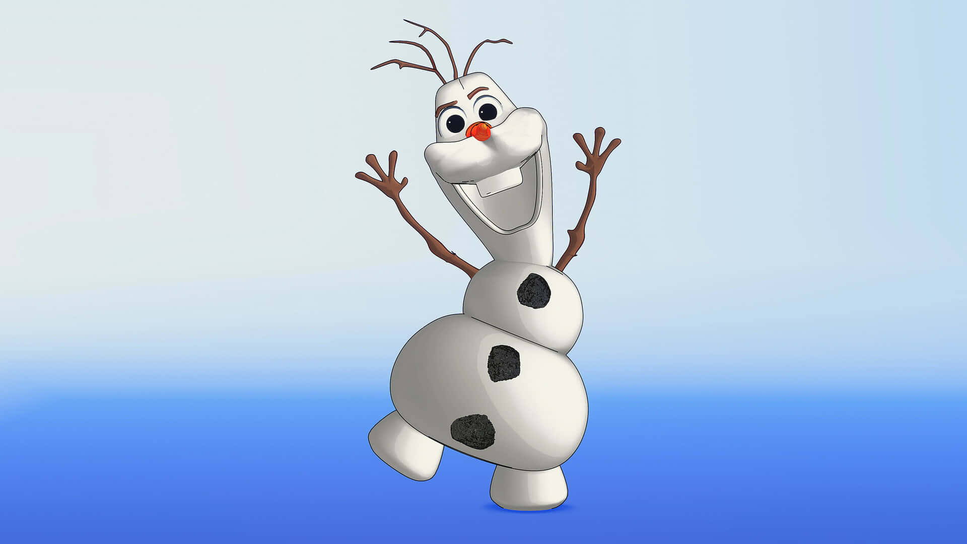 Olaf 桌布 壁紙 — 一個快樂的動畫雪人，有樹枝手臂和煤炭鈕扣，在柔和的藍色漸變背景上歡快地跳舞。