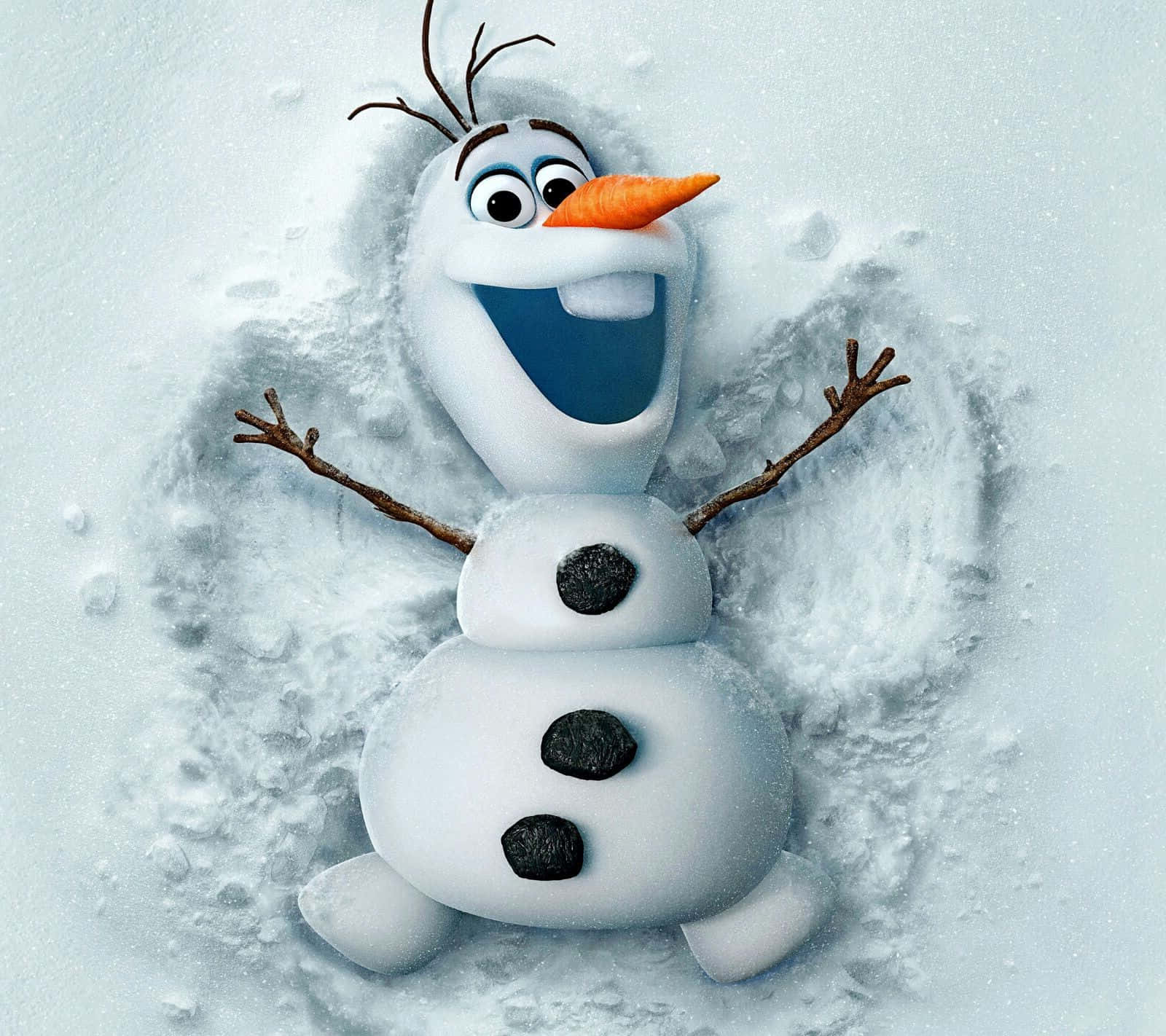 Olaf 桌布 壁紙 — 一個快樂的動畫雪人，有胡蘿蔔鼻子和樹枝手臂，開心咁躺喺新鮮雪地，露出燦爛笑容。