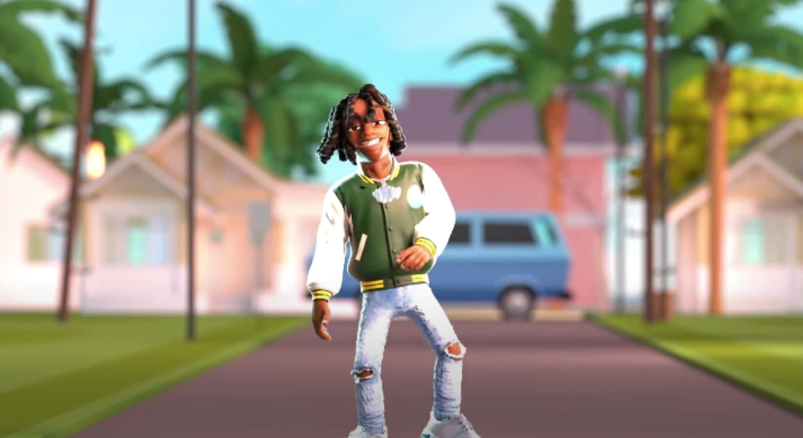 Ynw Melly Cartoon 桌布 壁紙 — 一個快樂的動畫青少年穿著綠色外套和破洞牛仔褲，在棕櫚樹和粉彩房屋林立的郊區街道上跳舞。